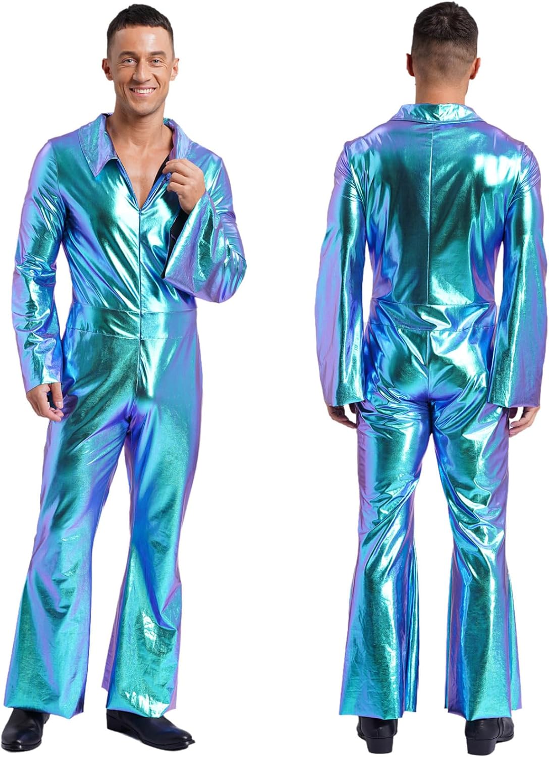 Jugaoge Men's 70s Disco Costume Metallic Bodysuit Zentai Jumpsuits Shiny One Piece Rompers Clubwear