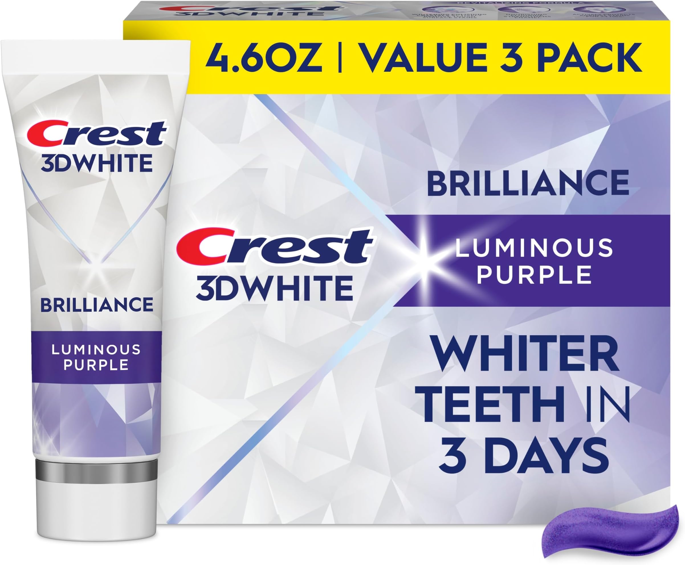 3D White Brilliance Luminous Purple Teeth Whitening Toothpaste, 4.6 oz Pack of 3, Anticavity Fluoride Toothpaste, Fights 100% More Surface Stains, 24 Hour Active Stain Prevention