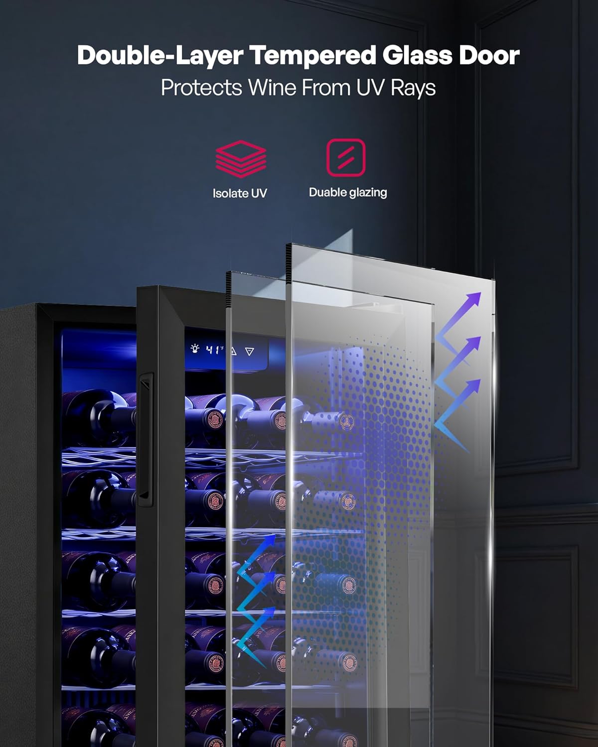 25 Bottle Compressor Wine Cooler Refrigerator, Freestanding Wine Cellar with 41-64°F Adjust Temp & Double-layer Glass Door for Red and White, Wine Cooler for Home Bar, Black