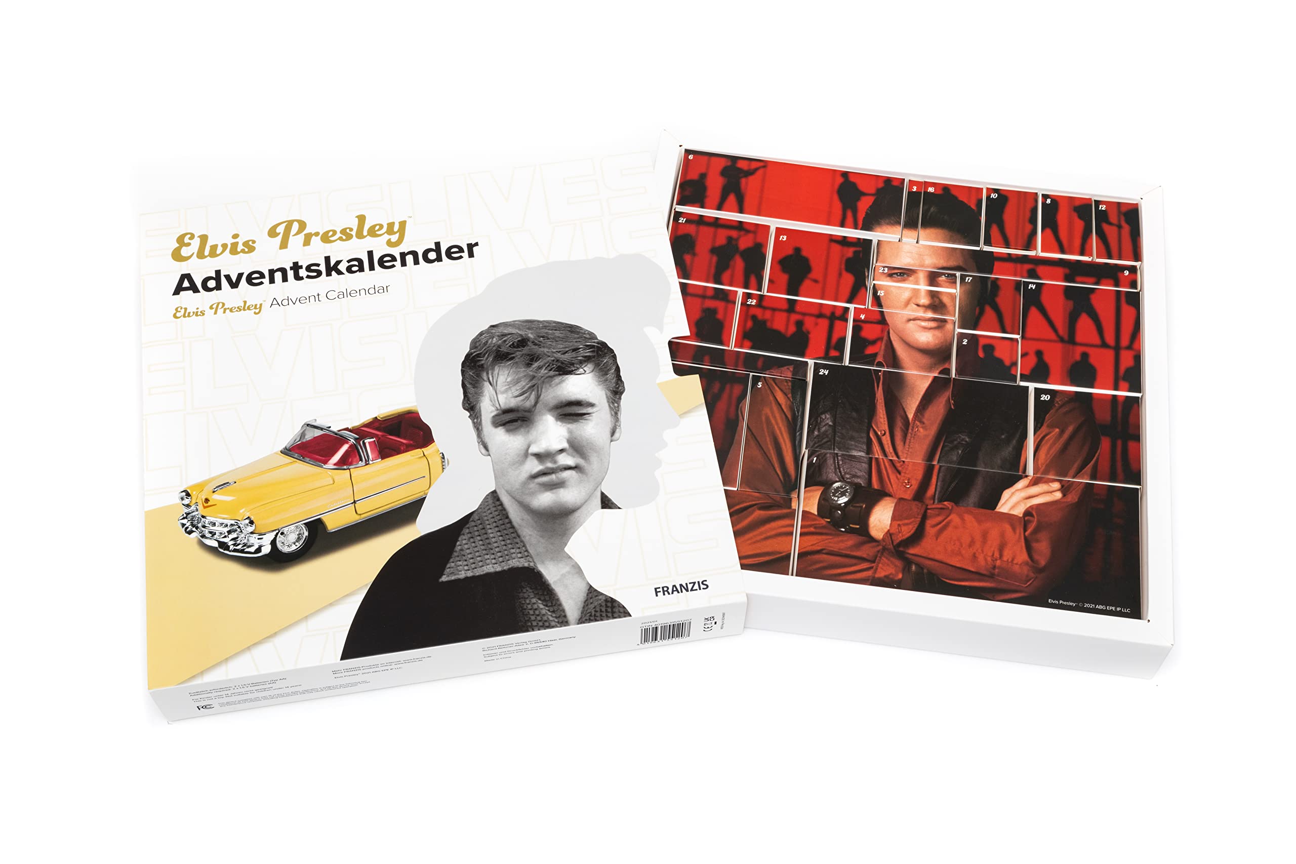 FRANZIS 55120 - Elvis Presley Adventskalender, Cadillac Eldorado Metallmodell im Maßstab 1:37, inkl. Soundmodul und 52-seitigem Begleitbuch