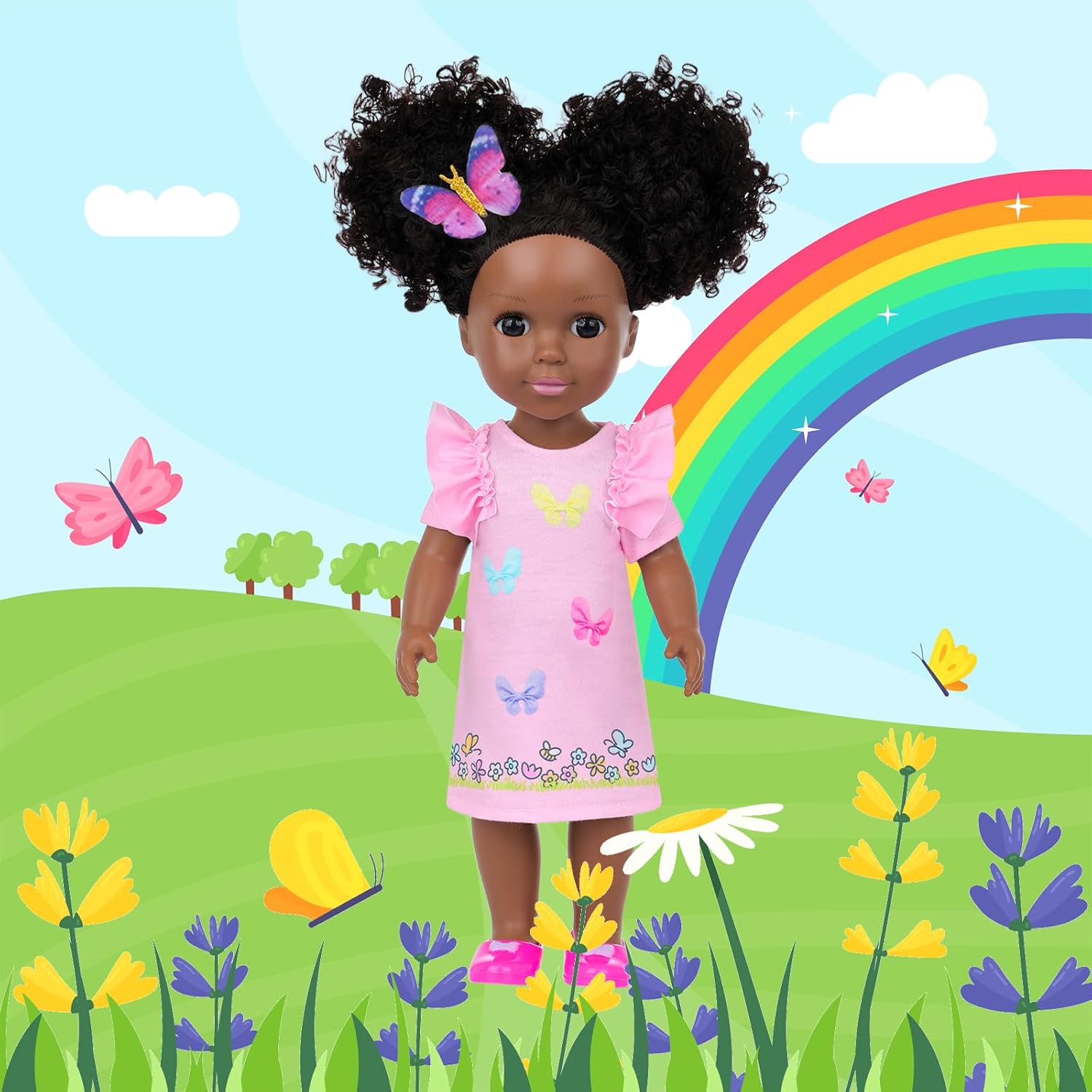 Ecore Fun 14.5 Inch Black Baby Doll with 12 Pcs Butterfly Theme Accessories - Realistic African Doll Black with Hair Clips, Comb, Mirror, Rainbow Dress, Pink T-Shirt, Phone, Stickers, Shoes