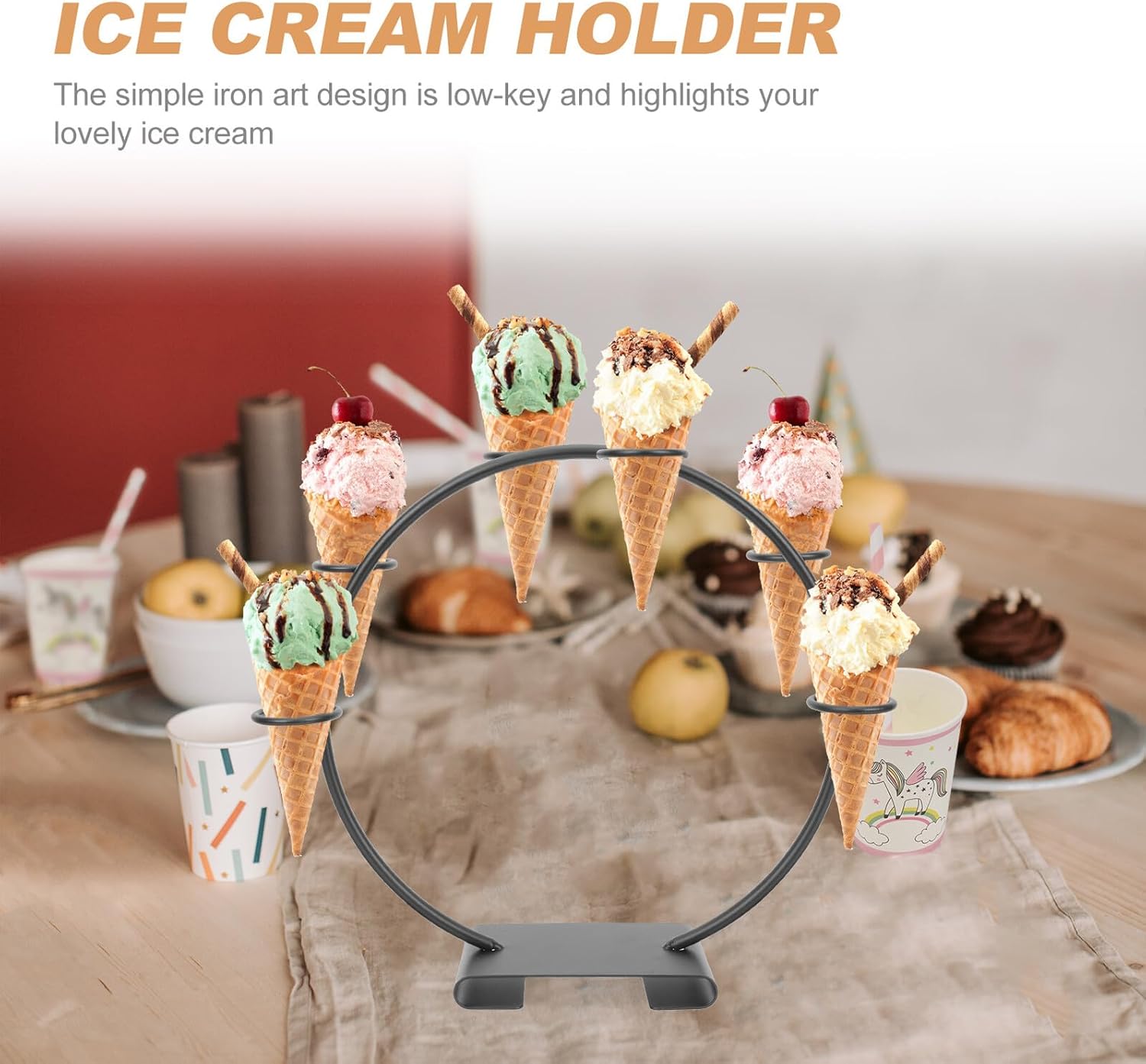 Ice Cream Cone Display Stand Metal Dessert Holder Black Iron Party Kitchen Gadget for Wedding and Event Dessert Presentation