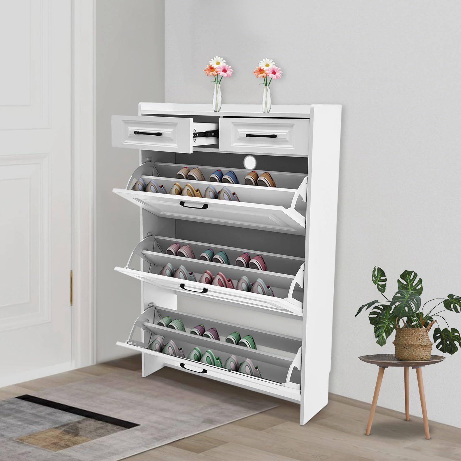 Wolnostojąca szafka na buty 80 x 24 x 120 cm, uchylna szafka na buty z 2 szufladami i 3 przegródkami z klapką, wąski organizer na buty do przedpokoju i wejścia, na 16-20 par butów (biała)