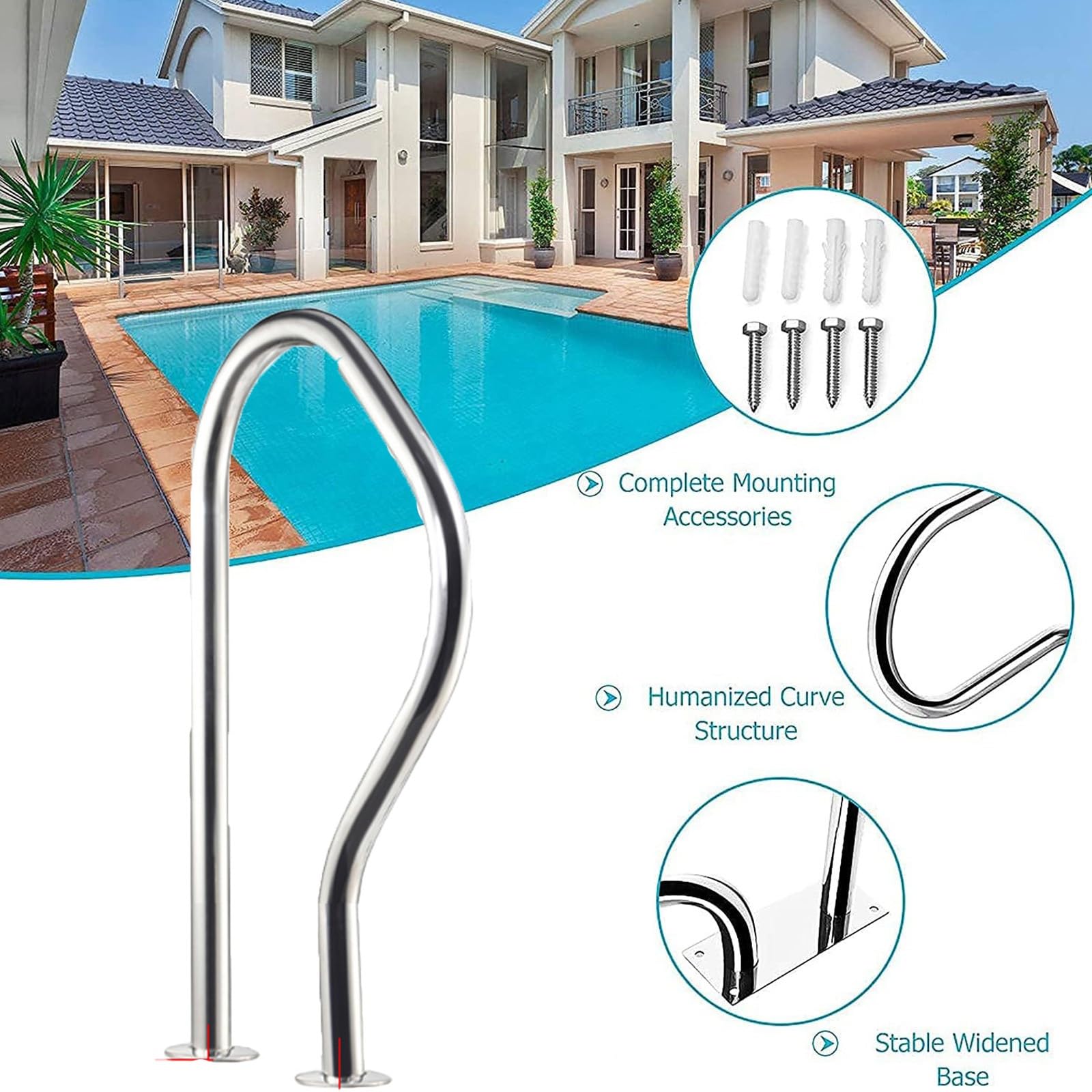Rampe De Piscine Rampes D'escalier De Piscine Mains Courantes De Piscine, Matériau en Acier Inoxydable 304, avec Base De Montage Rapide Et Accessoires, for L'entrée des Parcs Aquatiques