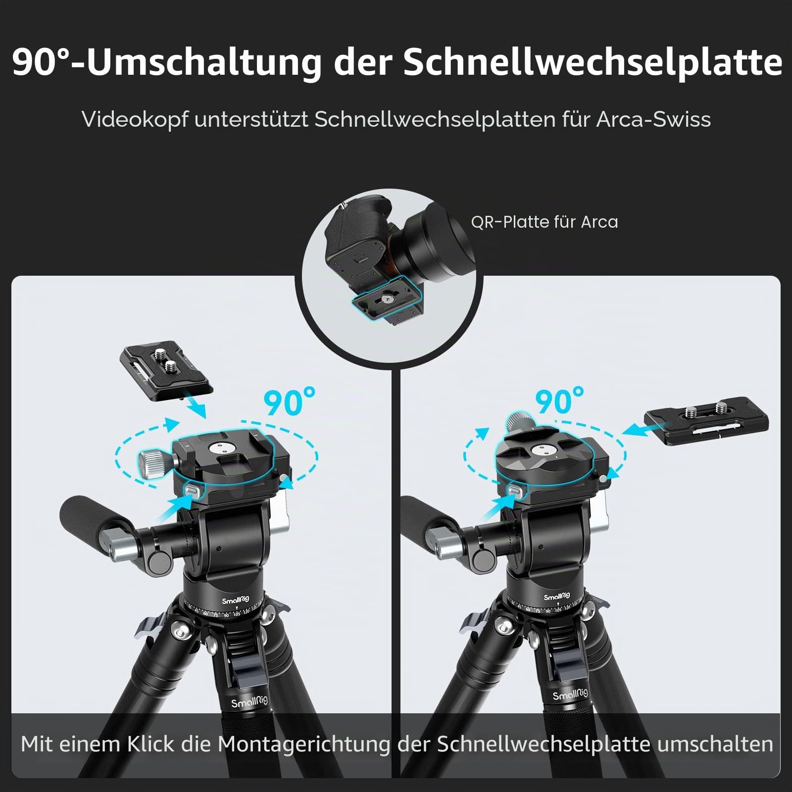 SMALLRIG Videokopf für vertikale/horizontale Aufnahmen, Stativ-Schwenk-Neige-Fluidkopf mit Teleskopgriff und umschaltbarer QR-Platte für Arca, maximale Belastung 5kg/11 Pfund für Camcorder - 4104
