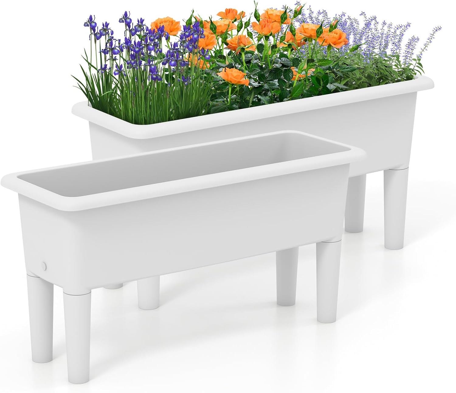 2 Pcs Raised Planter Bed, Elevated Planter Boxes with Removable Legs, Plastic Planter Bed for Gardening, Backyard & Deck (Greyish-White)