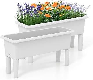 2 Pcs Raised Planter Bed, Elevated Planter Boxes with Removable Legs & Water Level Indicator, Plastic Planter Bed for Gardening, Backyard & Deck (White)