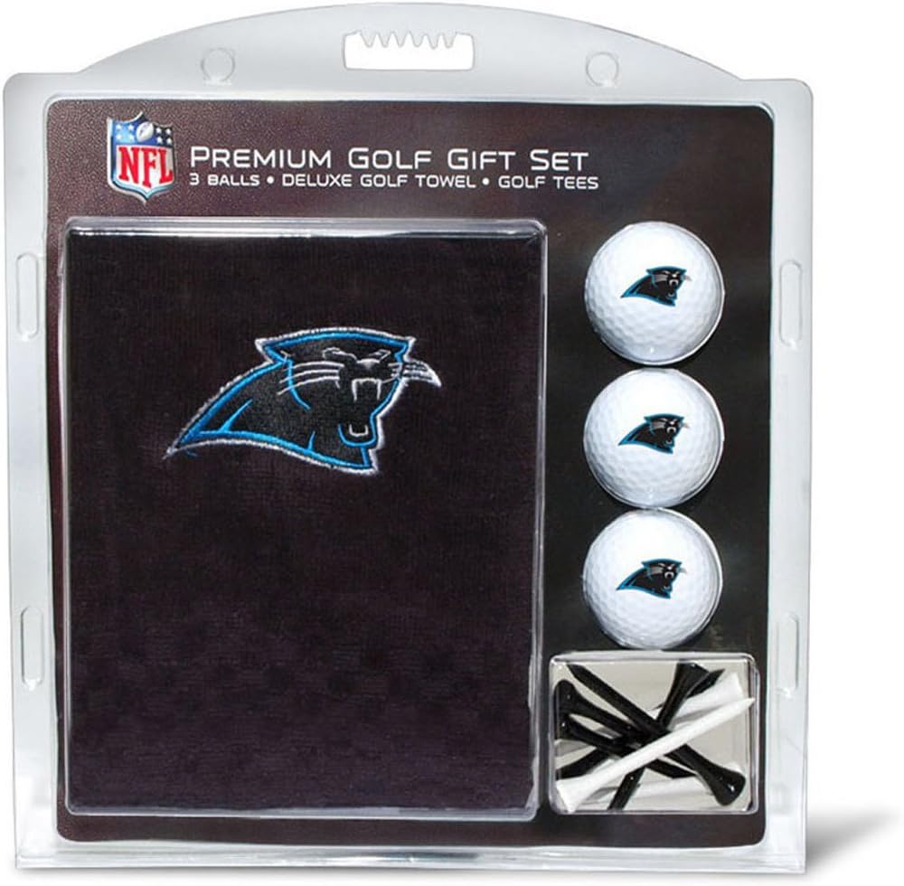 Team Golf NFL Carolina Panthers Gift Set: Embroidered Golf Towel, 3 Golf Balls, and 14 Golf Tees 2-3/4" Regulation, Tri-Fold Towel 16" x 22" & 100% Cotton