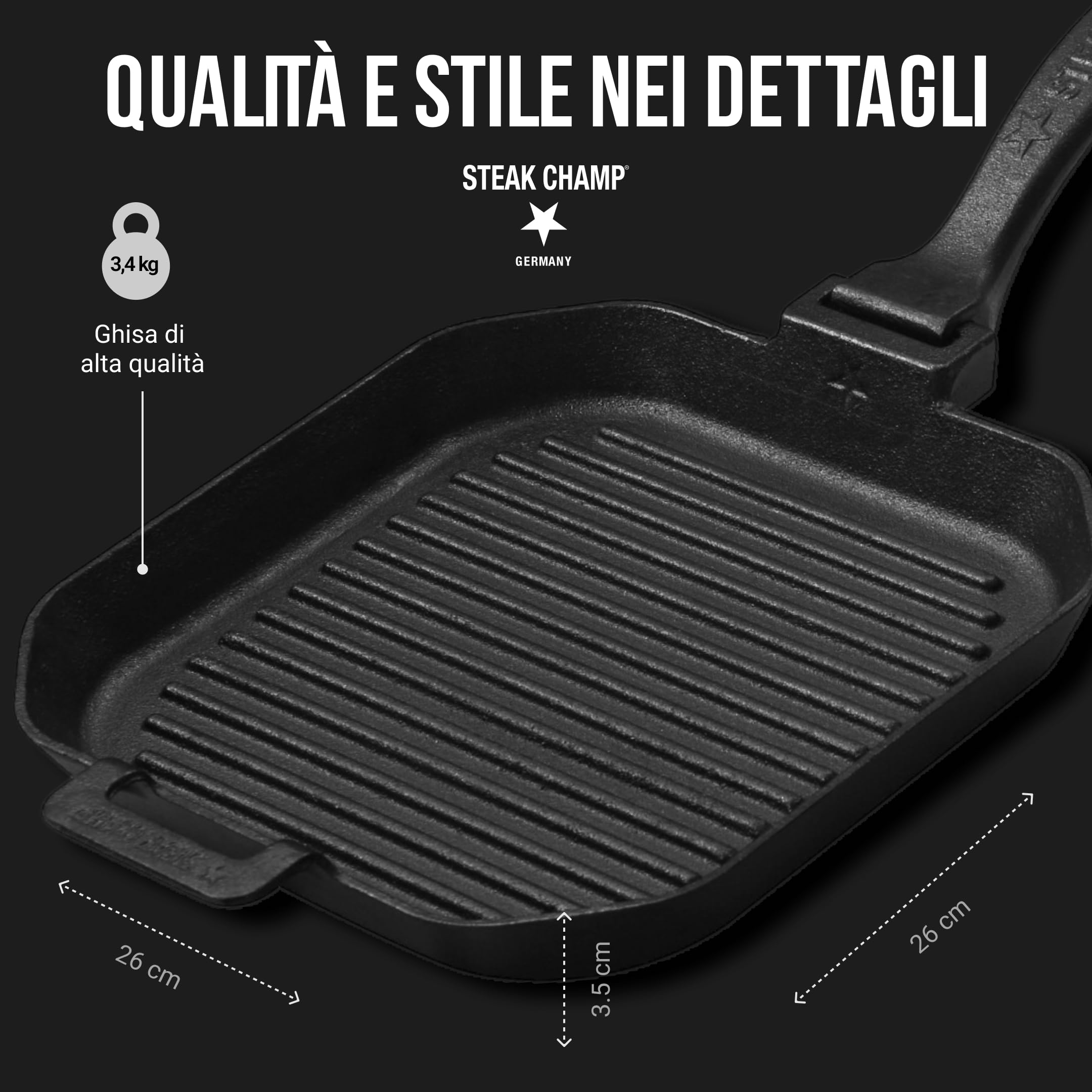 Steakchamp Padella per Grigliare in Ghisa con Manico Rimovibile per Grill, Piano Cottura (Anche a Induzione) e Forno, Adatta come Padella per Servire e Friggere