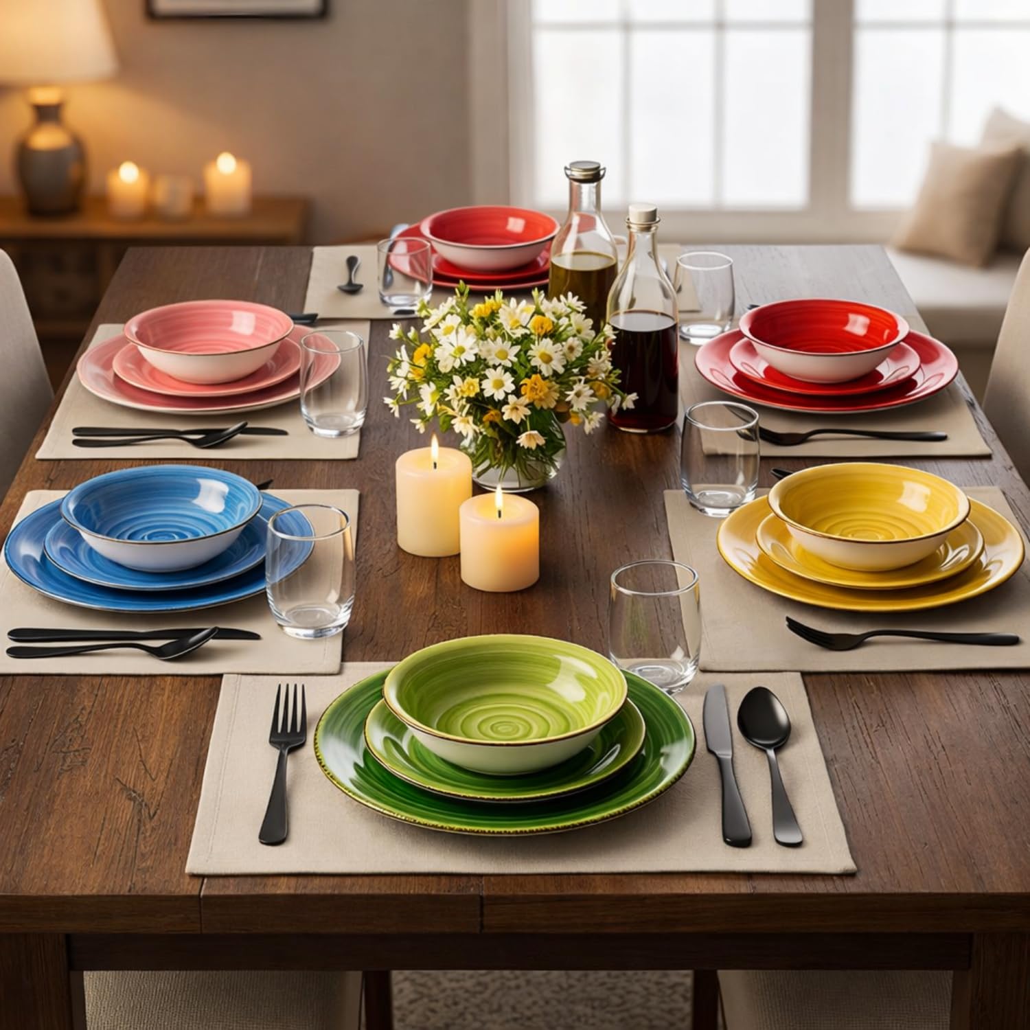 Paluplus Set 18 Piatti Rotondi in Ceramica Multicolor, Servizio per 6 Persone composto da Piatto Fondo Diam.21cm, Piatto Piano Diam.26,5cm e Piattino Dessert Diam.19cm -5165F -12