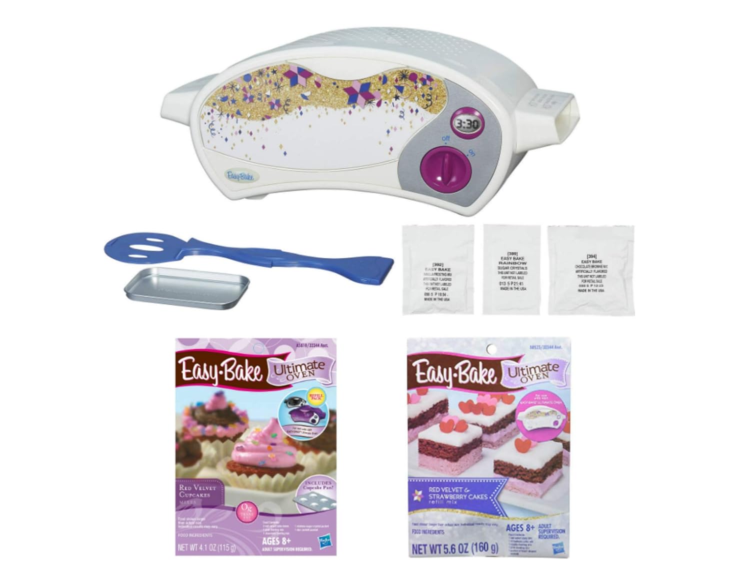 Easy Bake Oven Star Edition + Red Velvet Cupcakes + Red Velvet and Strawberry Cakes Refill. Set of 3 Items