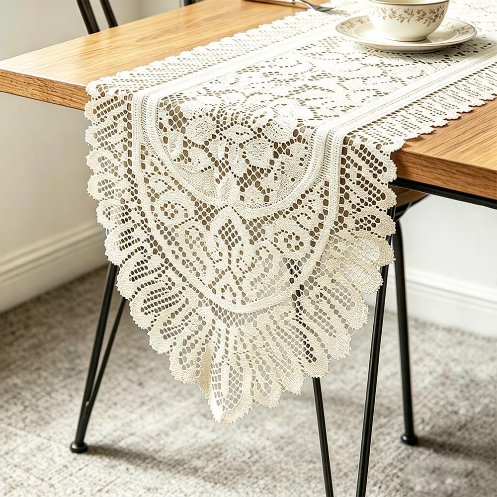 Tinsow 2 Pack Cotton Crochet Lace Rectangular Table Runner Dresser Scarf Doilies (Beige Without Tassels)