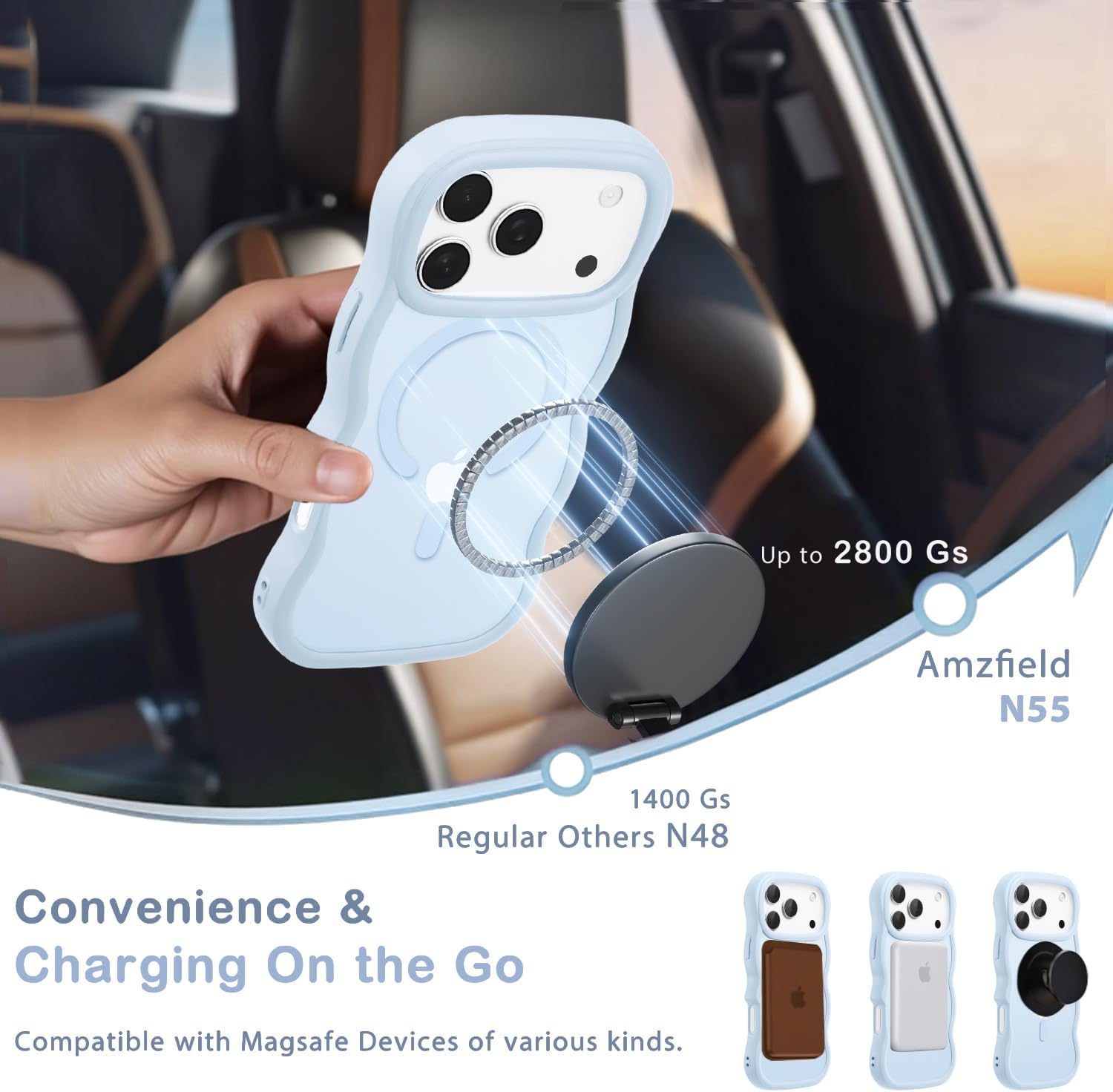 Magnetic for iPhone 17 Pro Max Case, Compatible with Magsafe Wavy Frame Cute Translucent Matte Hard Back Silicone Shockproof Phone Case for iPhone 17 ProMax Women Girls, Light Blue - Image 2