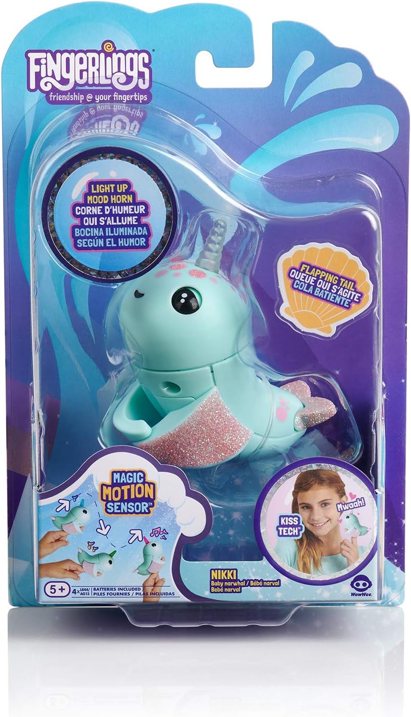 Amazon Com Wowwee Fingerlings Light Up Narwhal Nikki Turquoise Friendly Interactive Toy Toys Games