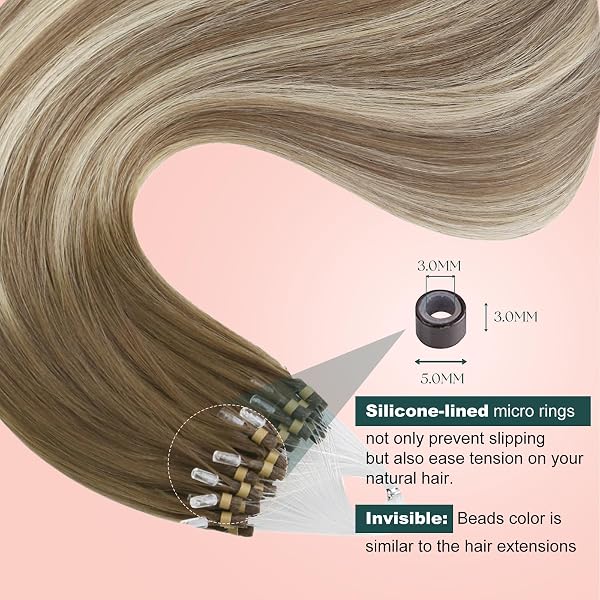 Easyouth Balayage Micro Ring Hair Extensions Ombre Human Hair Micro Beads Hair Extensions Real Human Hair Dark Brown to Light Brown and Medium Blonde Micro Link Human Hair Extensions 16 Inch 50g/50s - 4