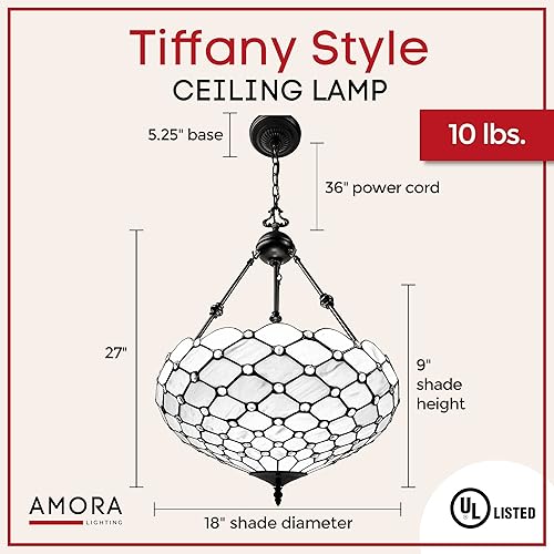Miniatura 3 de Amora Lámpara de techo estilo Tiffany vintage, 18 x 9 pulgadas, lámpara de araña blanca con vitrales, iluminación antigua para comedor
