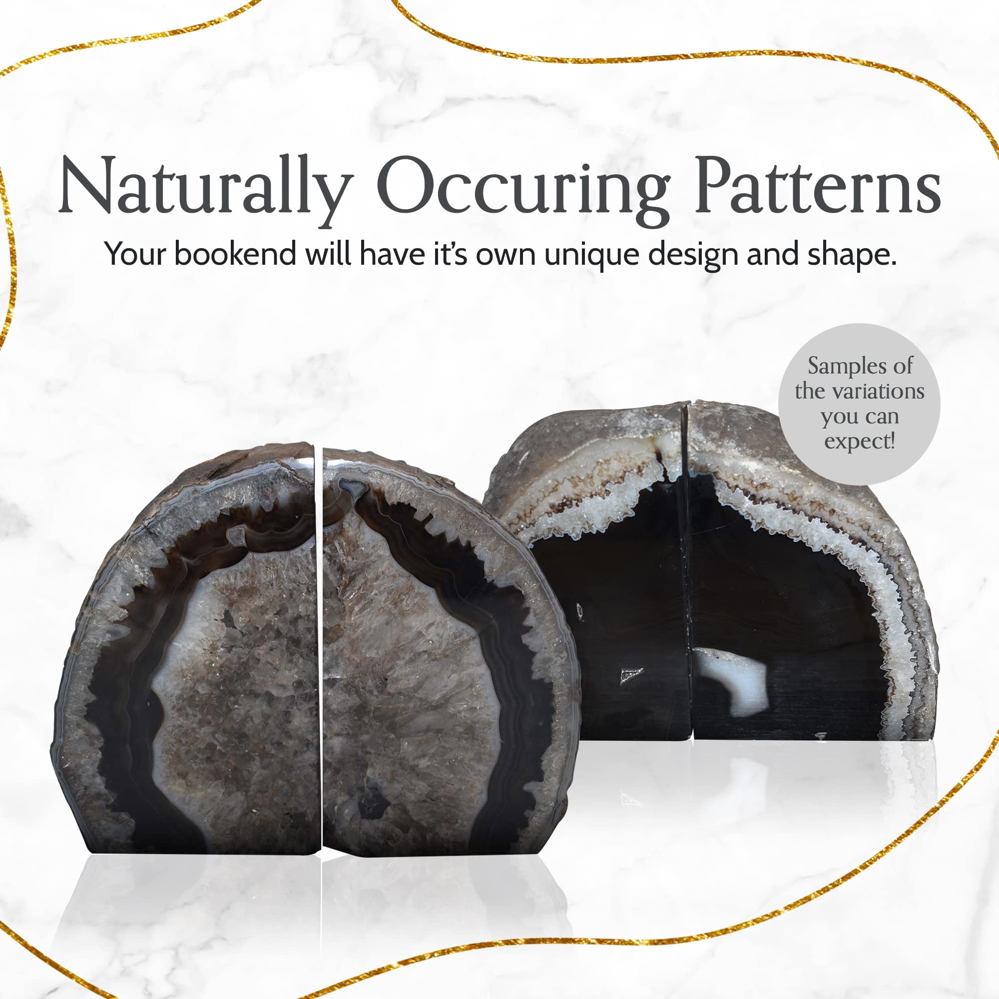 Nature's Decorations Fermalibri in agata nera – Fermalibri in cristallo decorativo resistente di grado A, non tossico, per scaffali e librerie, decorazione per librerie in geode lucido, 1 paio da 0,9