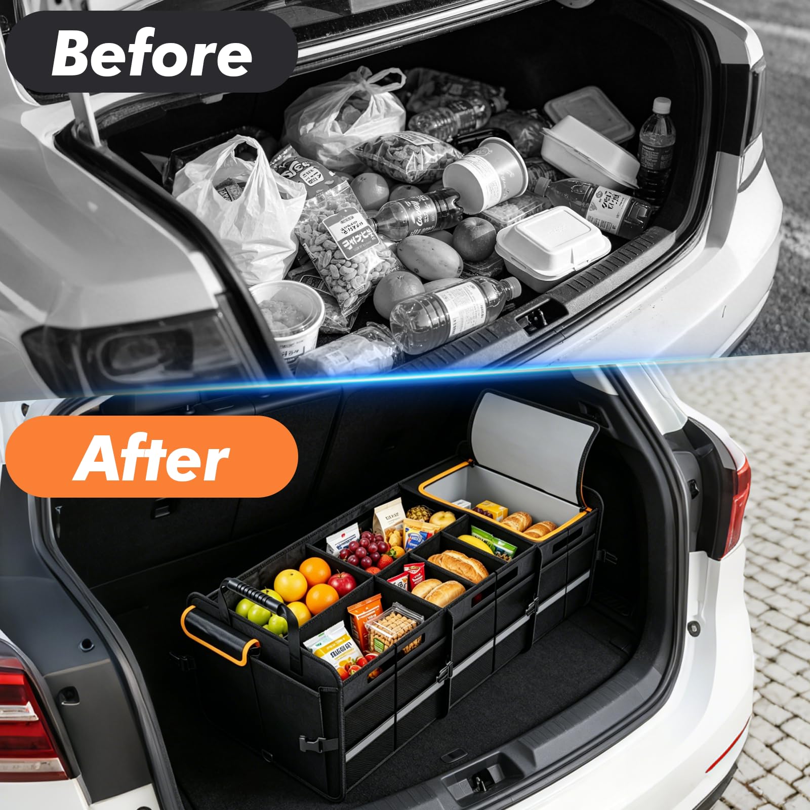 Organizador de maletero XXL con tapa, 126 L, plegable con bolsa térmica de 24 L, caja para maletero reforzada y antideslizante, 6 compartimentos para coche, SUV, autocaravana, camping, 89 x