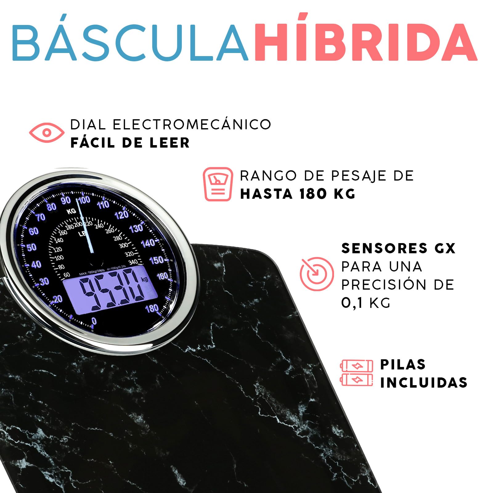 Hybrid Báscula de Baño - Analógica & Digital, Precisa hasta 180 kg | Vea su peso en el cuadrante analógico y LCD a la vez. Plataforma ancha, 3 pilas AAA incluidas, lista para usar.