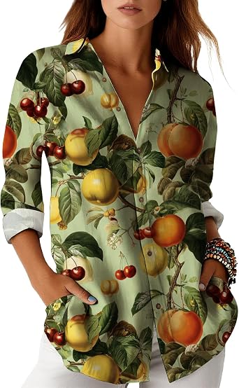 Womens Button Down Shirt Fruit Graphic Print Casual Long Sleeve Blouse Fashion Lightweight Comfy Fall Vacation Tops