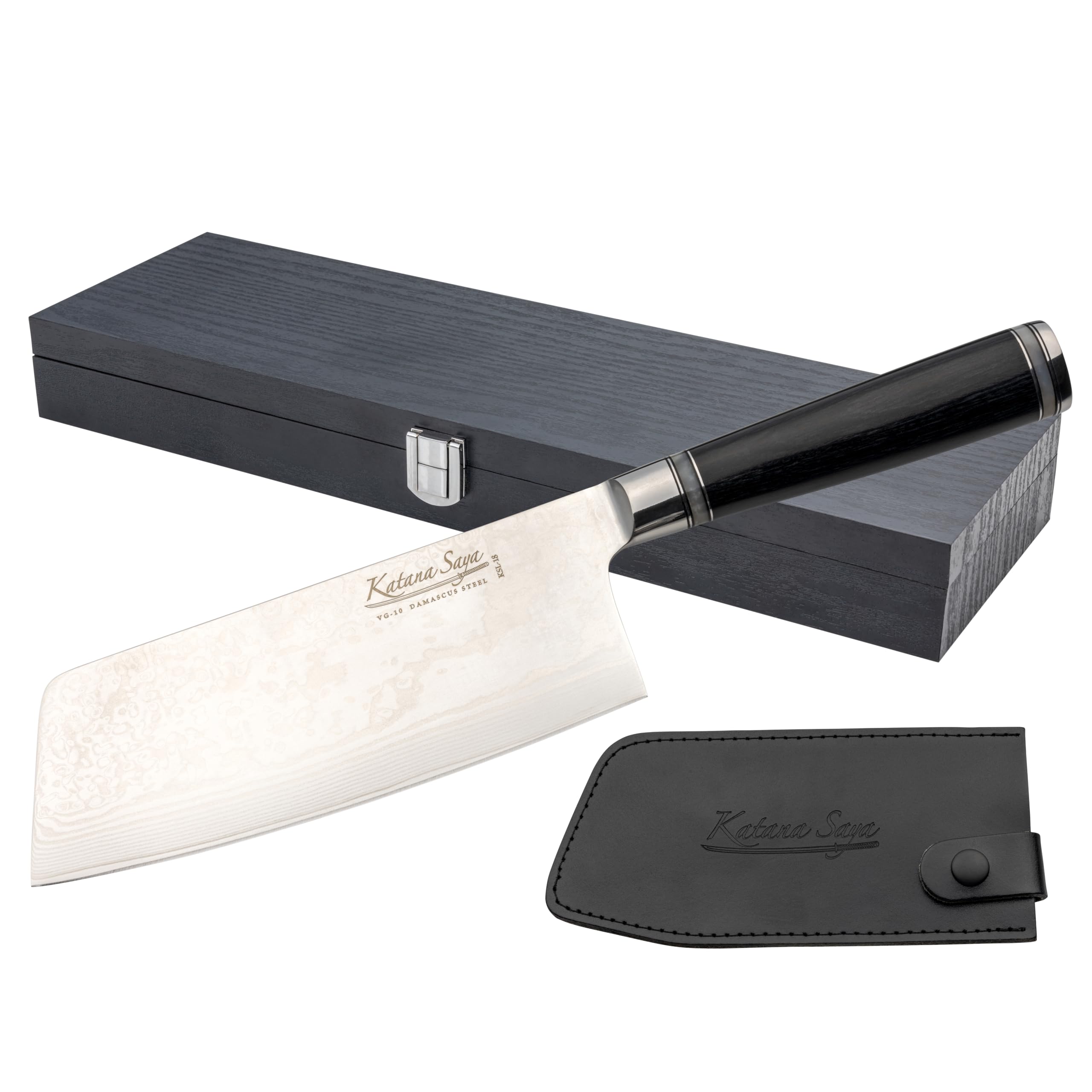 Katana Saya Pakkawood 18cm Chinese Chef's Knife, Japanese 67-Layer VG-10 Damascus Stainless Steel, Black Pakkawood Handle, Kitchen Knife