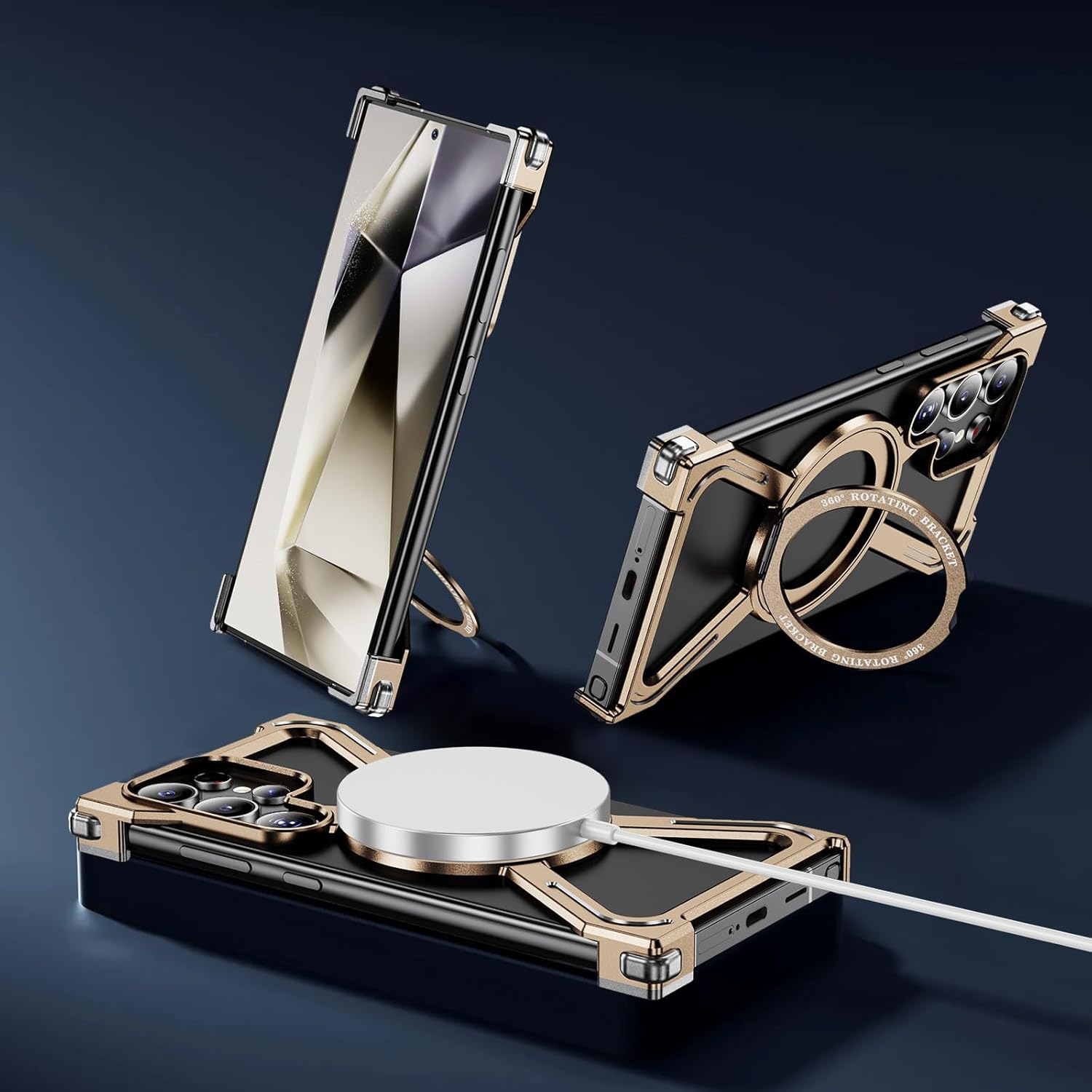 Minimalist Case for Samsung Galaxy S24 Ultra [2024 Model] - Military-Grade Shockproof Cover with 360° Rotating Aluminum Kickstand, Slim Anti-Scratch Frameless Bumper Phone Case, Desert Gold