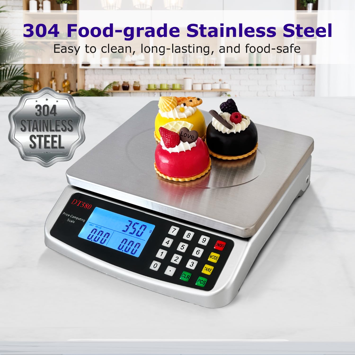 50 kg Lebensmittelwaage, große digitale Küchenwaage mit Tablett, 304 Edelstahl, kommerzieller Preis-Computerwaage, Zählwaage zum Backen, Kochen, Fleisch, Industrie, Zählen, Adapter im Lieferumfang
