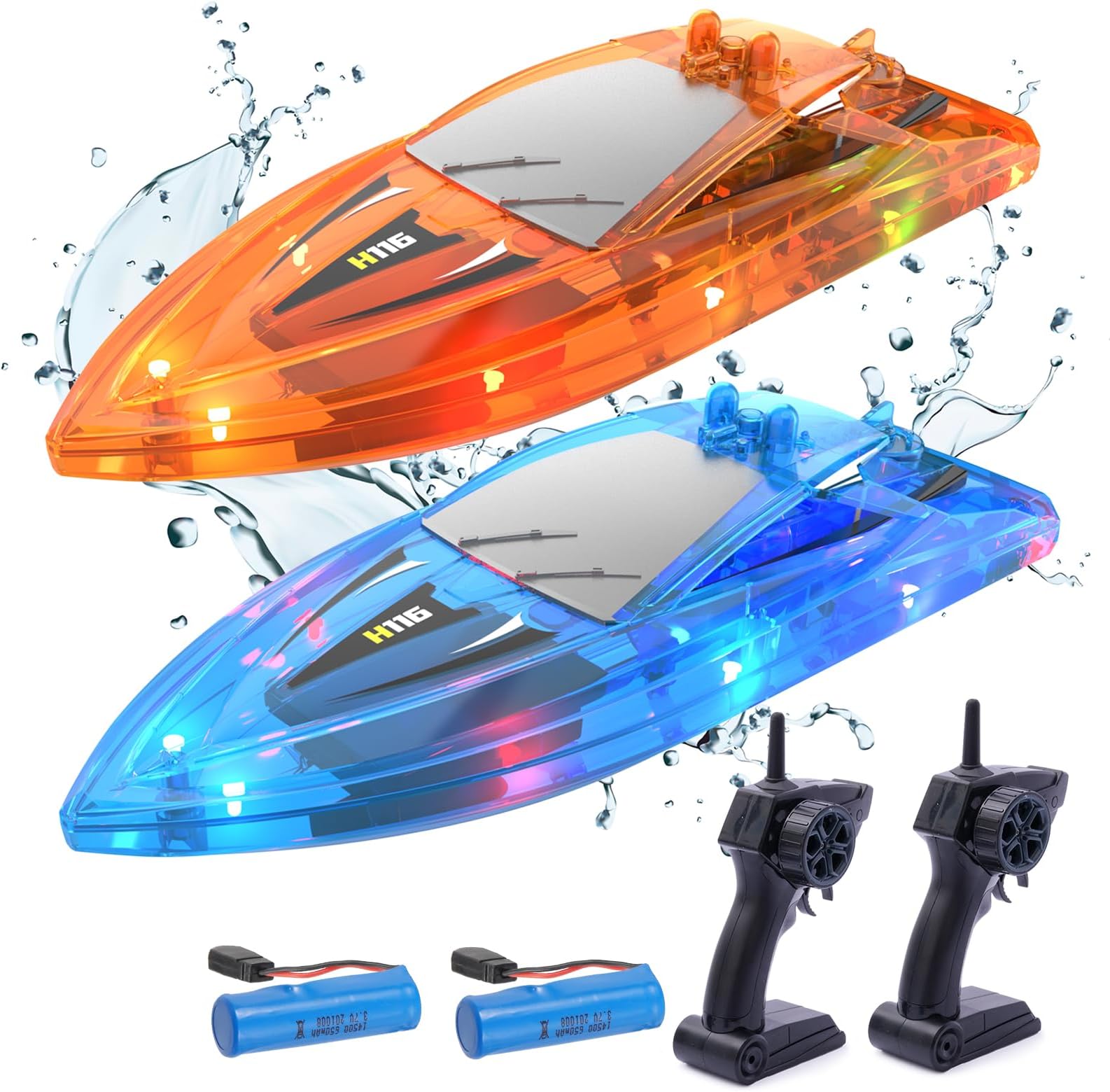2Pack LED Light RC Boat Remote Control Pool Water Toys for Kids Ages 8-12 Adults Lakes Bathtub Toy with Whole Body Waterproof,Low Battery Alarm,2.4Ghz,Control Range 50M,Rechargeable Battery