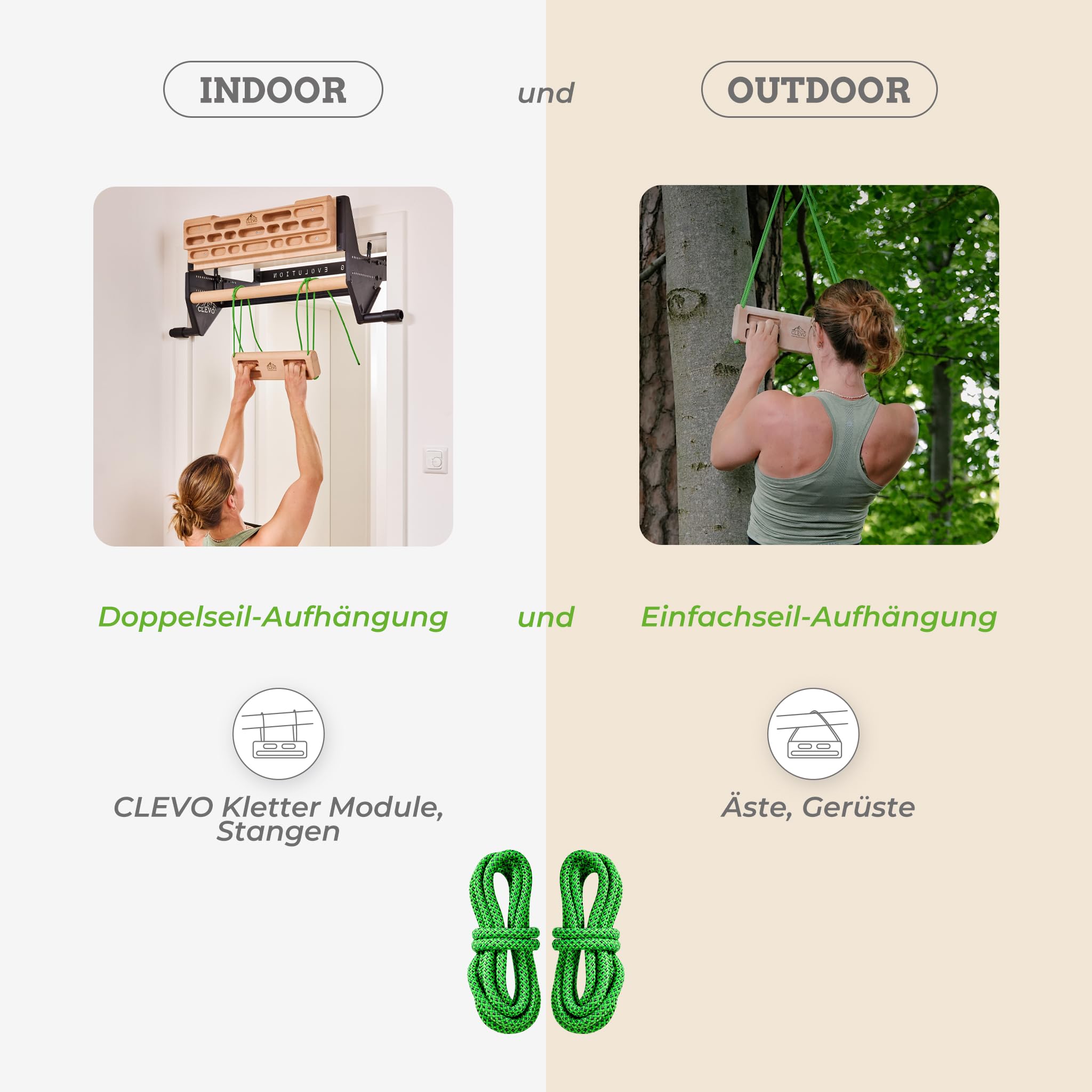 CLEVO - Hangboard Compact für Fingerkraft Training – Tragbares Fingerboard Holz – Kompaktes Kletterboard für Bouldern & Klettern unterwegs – Trainingsboard mit Seilaufhängung & Griffdesign