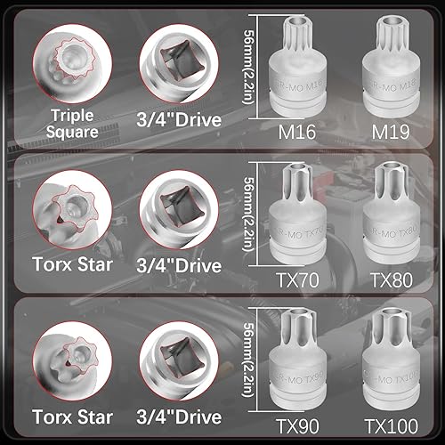 Vista 63 de Juego de llaves de vaso de impacto Torx Star de 6 puntos, T30 T40 T45 T50 T55 T60 T70 T80 1/2 pulgadas Kit de llaves Allen de accionamiento
