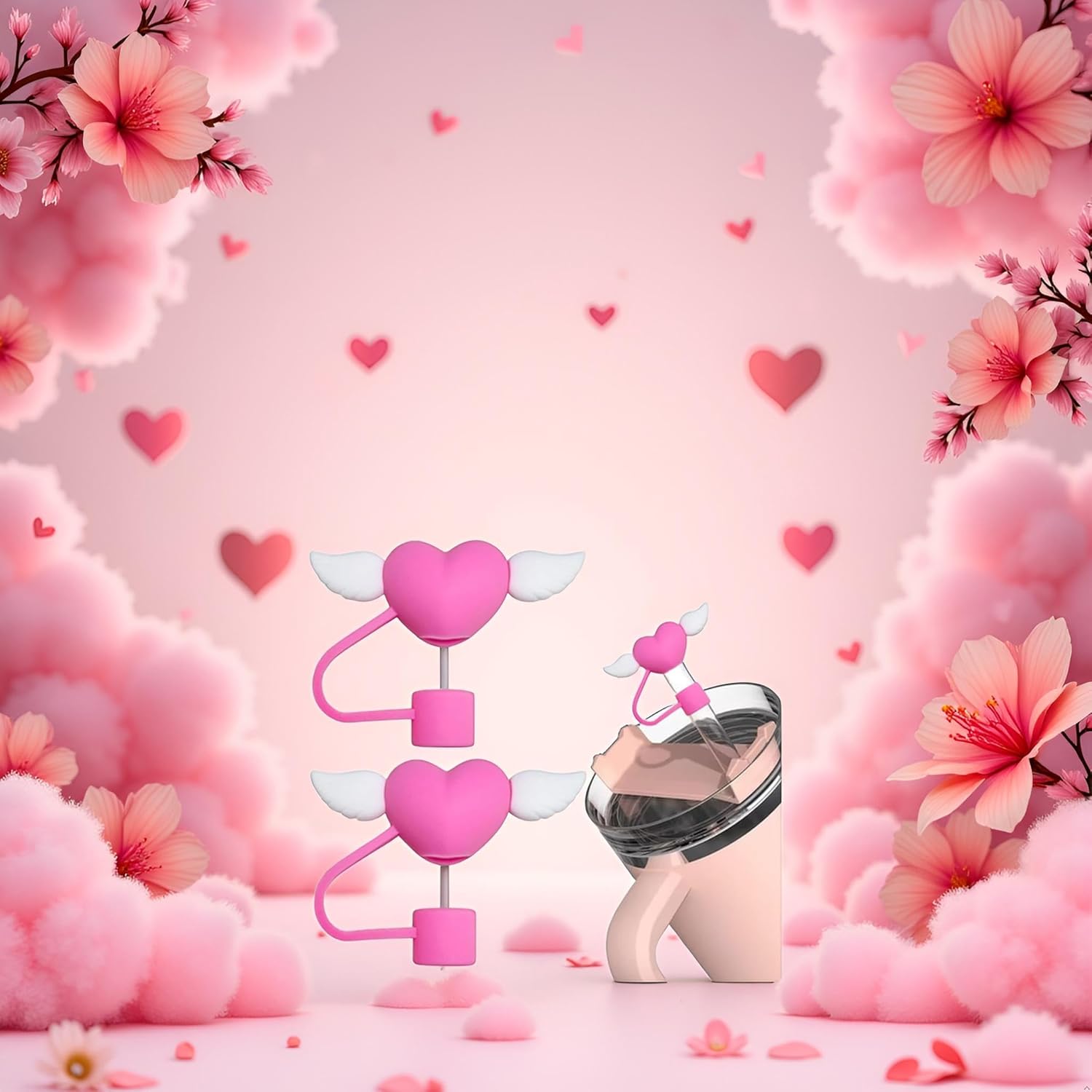 2Pcs Hearts Straw Cover for Stanley Cup, 10mm Silicone Straw Covers Cap for Stanley Cup Accessories, Cute Topper for Tumblers, Cap Stopper for Reusable Straws (White Wings Pink) - Image 5