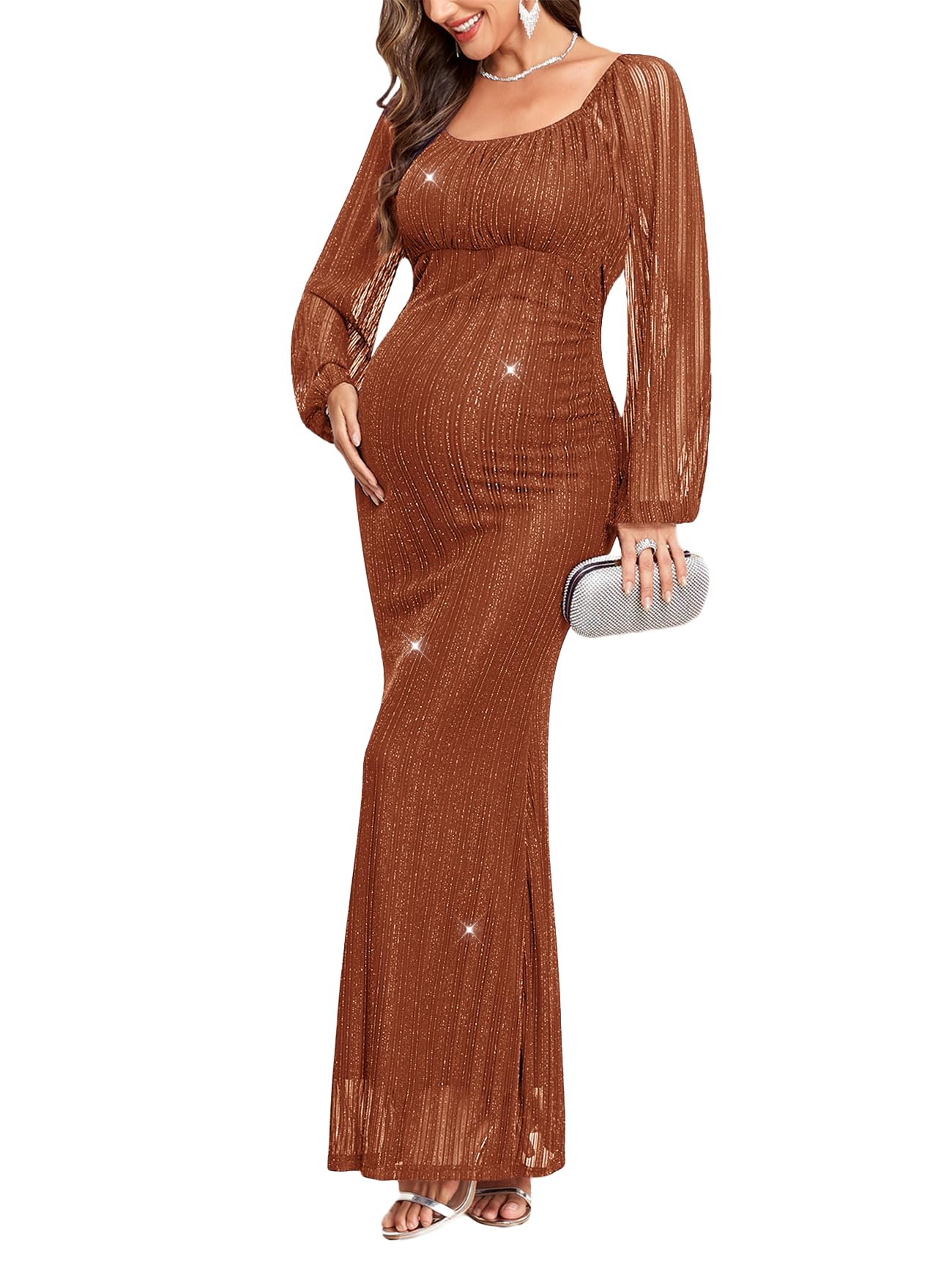 Sparkly Mesh Maternity Dress Long Sleeve Square Neck Baby Shower Pregnancy Dresses for Photoshoot Semi Formal-image-5