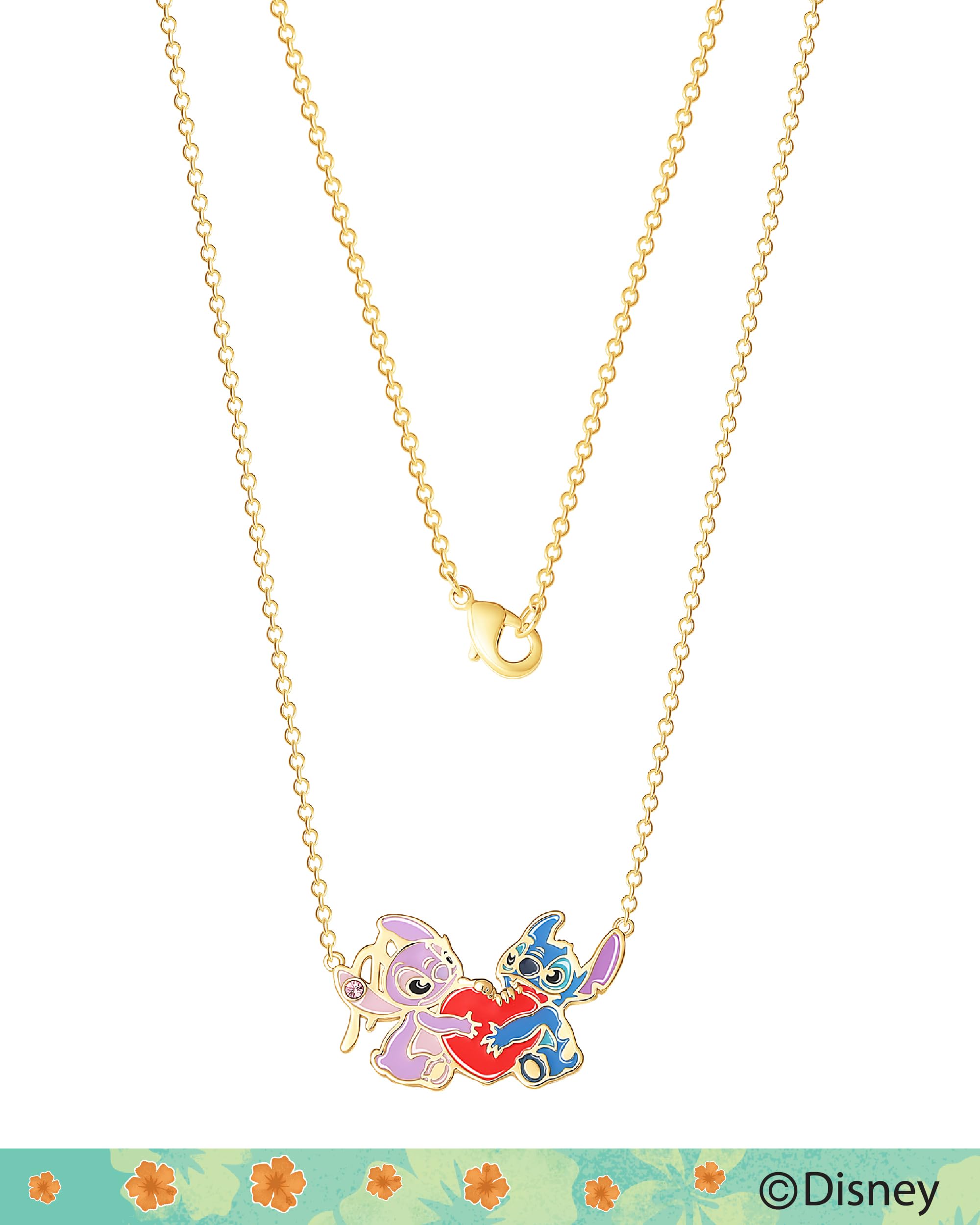 Disney Womens Stitch and Angel Heart Pendant Necklace 18" Official License, 18kt Gold Flash-Plated