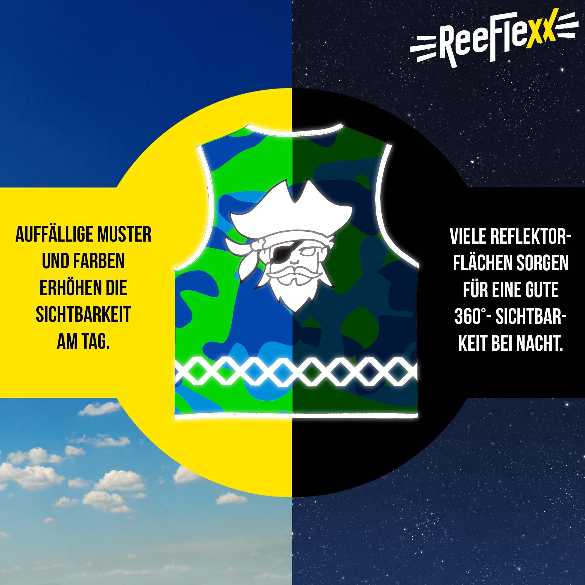 REEFLEXX Coole Kinder Warnweste inkl. Größen-Adapter, reflektierende Weste, erhöhte Sichtbarkeit im Straßenverkehr durch Reflektoren, Farben und Muster - Größe S, M und L