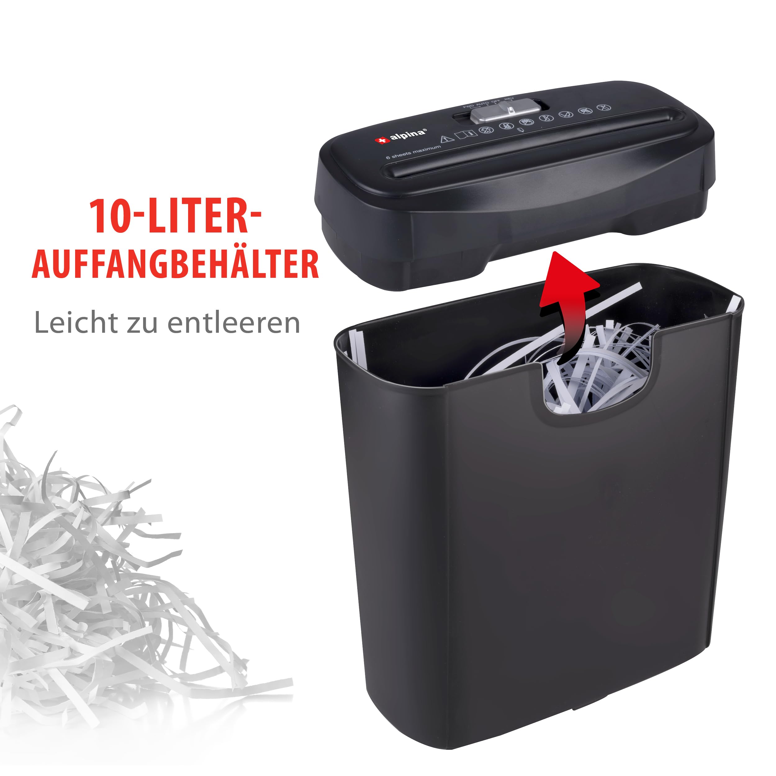 Alpina Aktenvernichter – Papiershredder für Zuhause und Büro – Shredder Zerstört Kreditkarten – Zerkleinern Sie 6 A4-Blätter auf Einmal – 10L Behälter – 190W Leistung – Streifenschnitt – Schwarz
