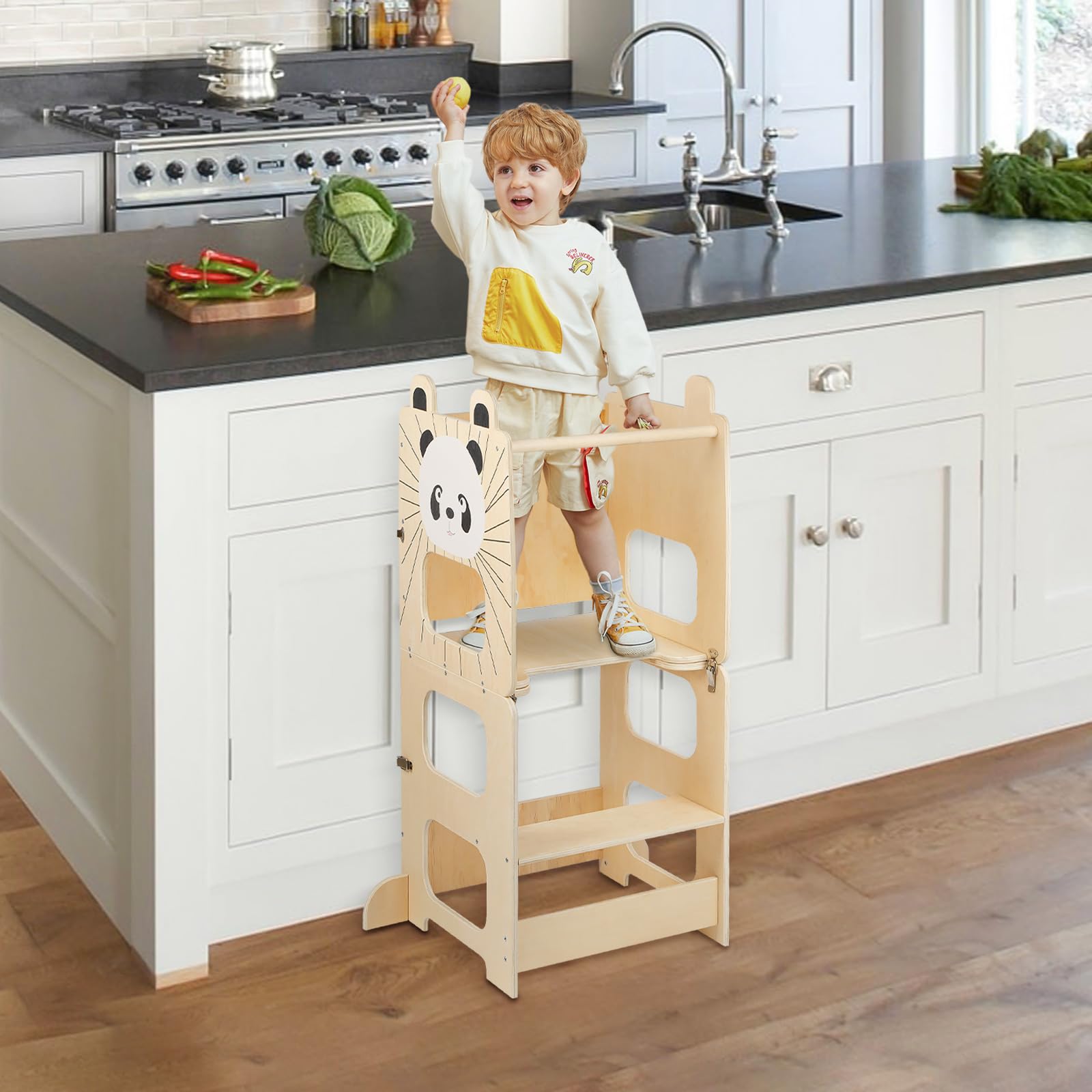 Tour Montessori en Bois 1,5-99 Ans, Tour d'apprentissage pour Enfants en Bois avec Tableau, 3-en-1 Tour d'observation Enfant, réglables en Hauteur, Pieds Anti-basculement-87*42*38.5 cm-couleur bois