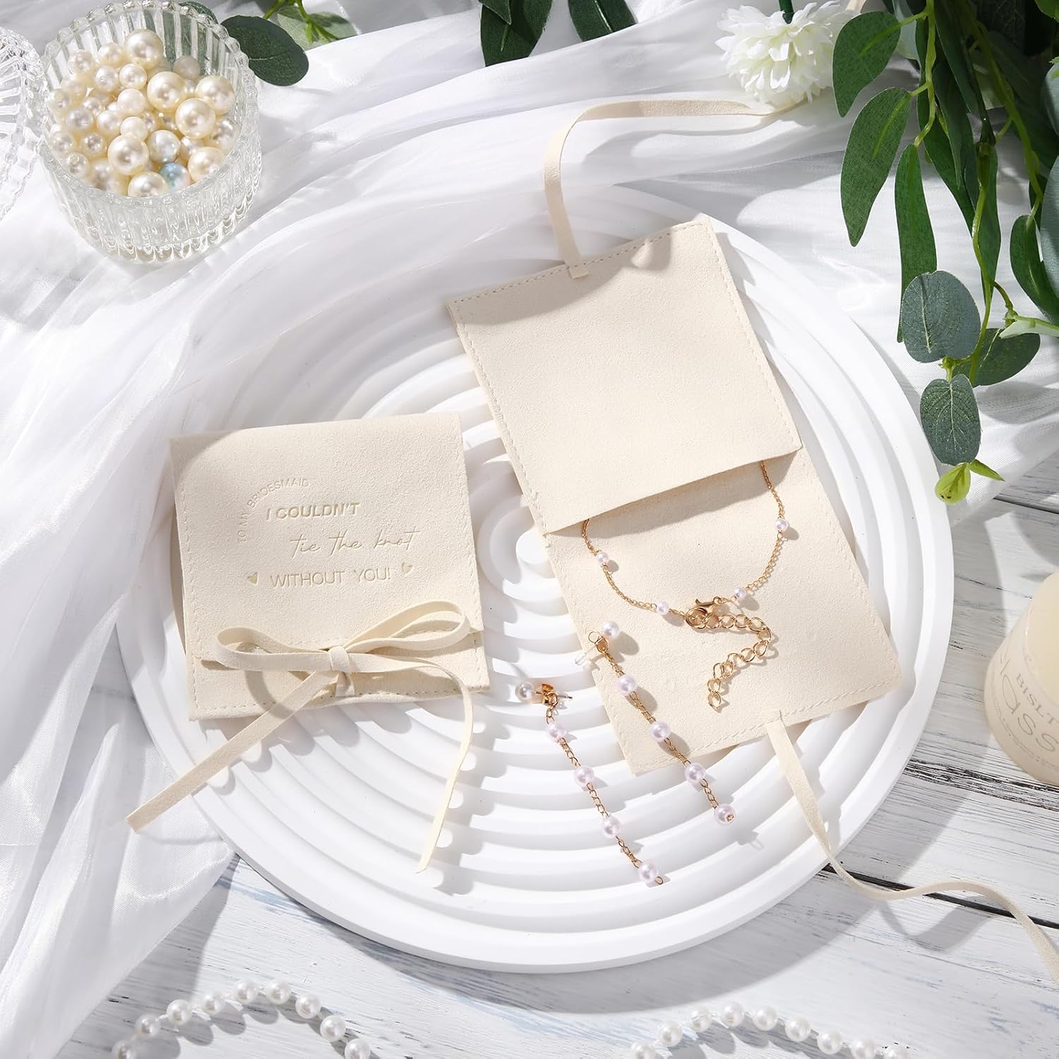 24 Pcs 8 Set Jewelry Bridesmaid Gift Pearl Set Pearl Bracelet & Earrings, Jewelry Pouch with Bow Tie I Couldn't Tie The Knot Without You Wedding Bridal Shower Party Favor - Image 3