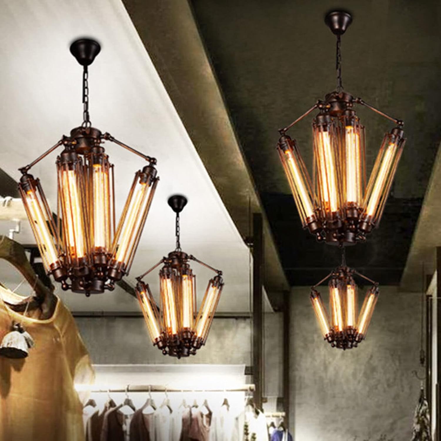 8-Lights Retro Chandelier, Industrial Metal Pendant Lamp Steampunk Pendant Hanging Lamp Geometric Structure Ceiling Lamp for Kitchen Island Foyer Hallway Living Room Bar