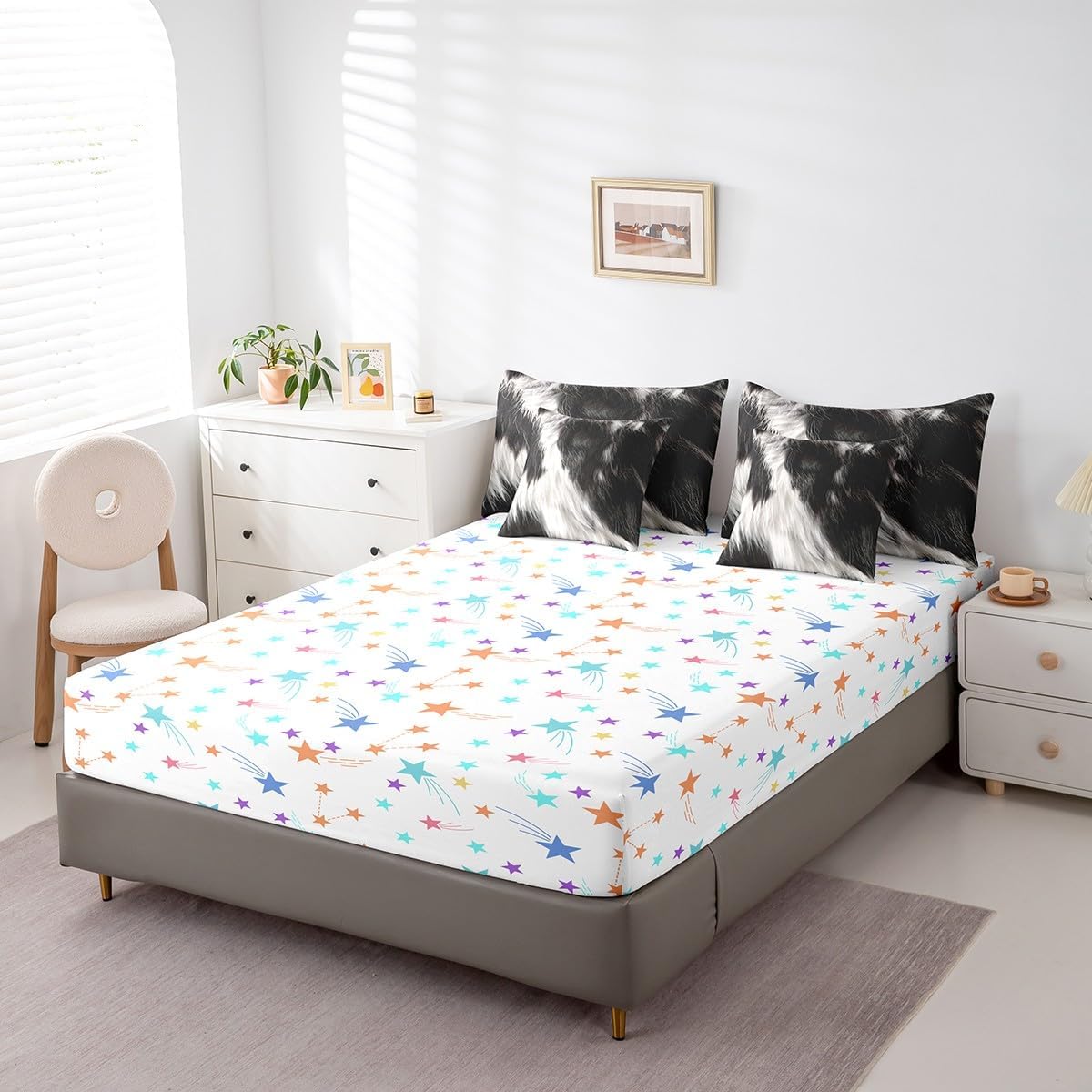 Feelyou Cowhide Pattern Comforter Set with Sheets Full Size 7 piece Cow Fur Printed Bedding Set Farmhouse Western Farm Animal Skin Bed in a Bag Brown White Bed Set, Black Beige