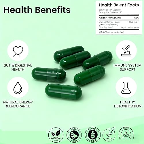Miniatura 3 de 3 botellas de cápsulas de espirulina, suplemento de espirulina premium, apoya el sistema inmunológico, corazón saludable, vegano, sin gluten, rico