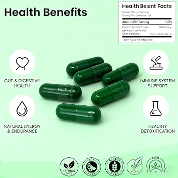 3 Bottles Spirulina Capsules, Premium Spirulina Supplement, Supports Immune System, Healthy Heart, Vegan, Gluten-Free Rich in Prebiotics, Protein & Antioxidants 720 Capsules