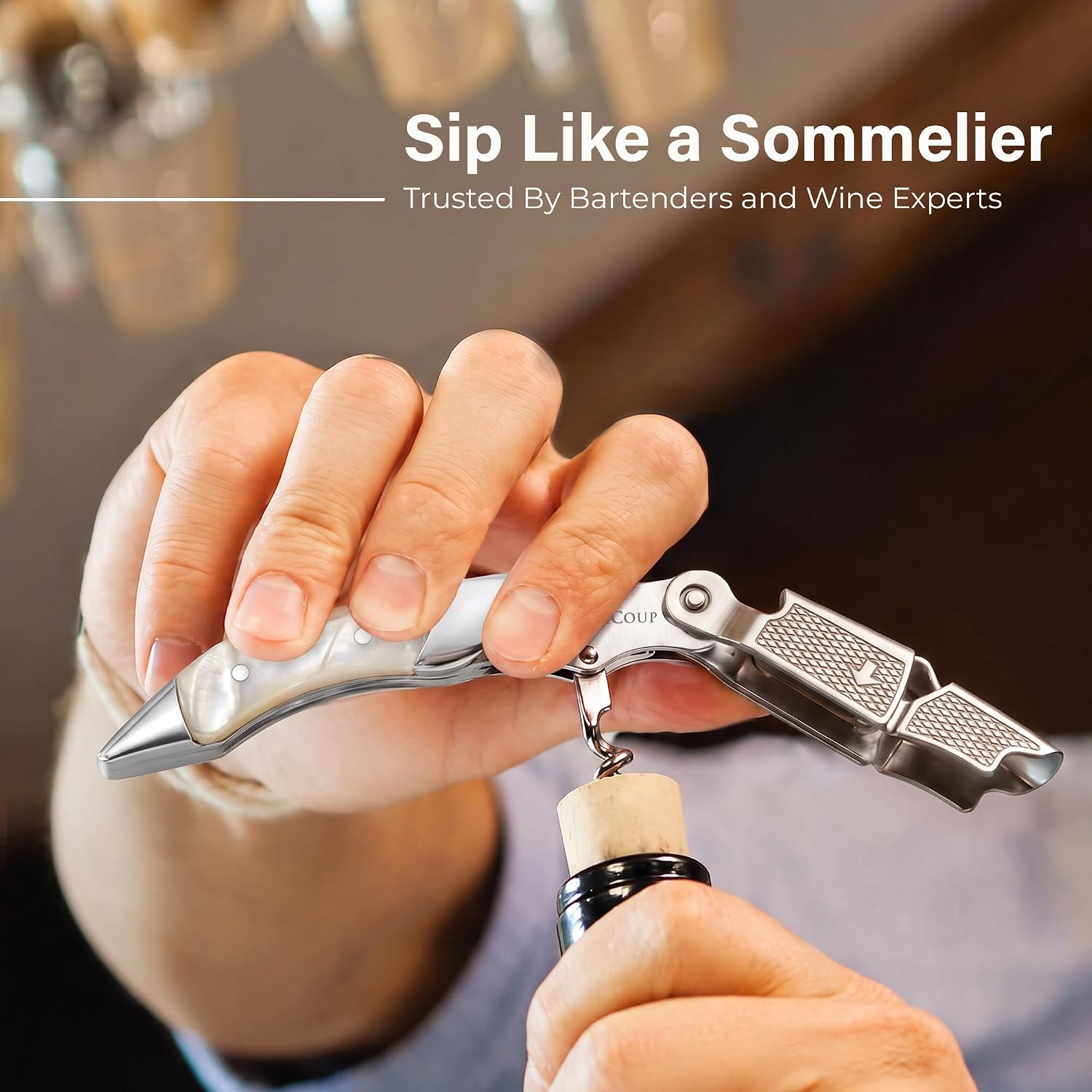 HiCoup Wine Opener - Professional Corkscrews for Wine Bottles w/Foil Cutter and Cap Remover - Manual Wine Key for Servers, Waiters, Bartenders and Home Use - Moonstone Resin & Steel