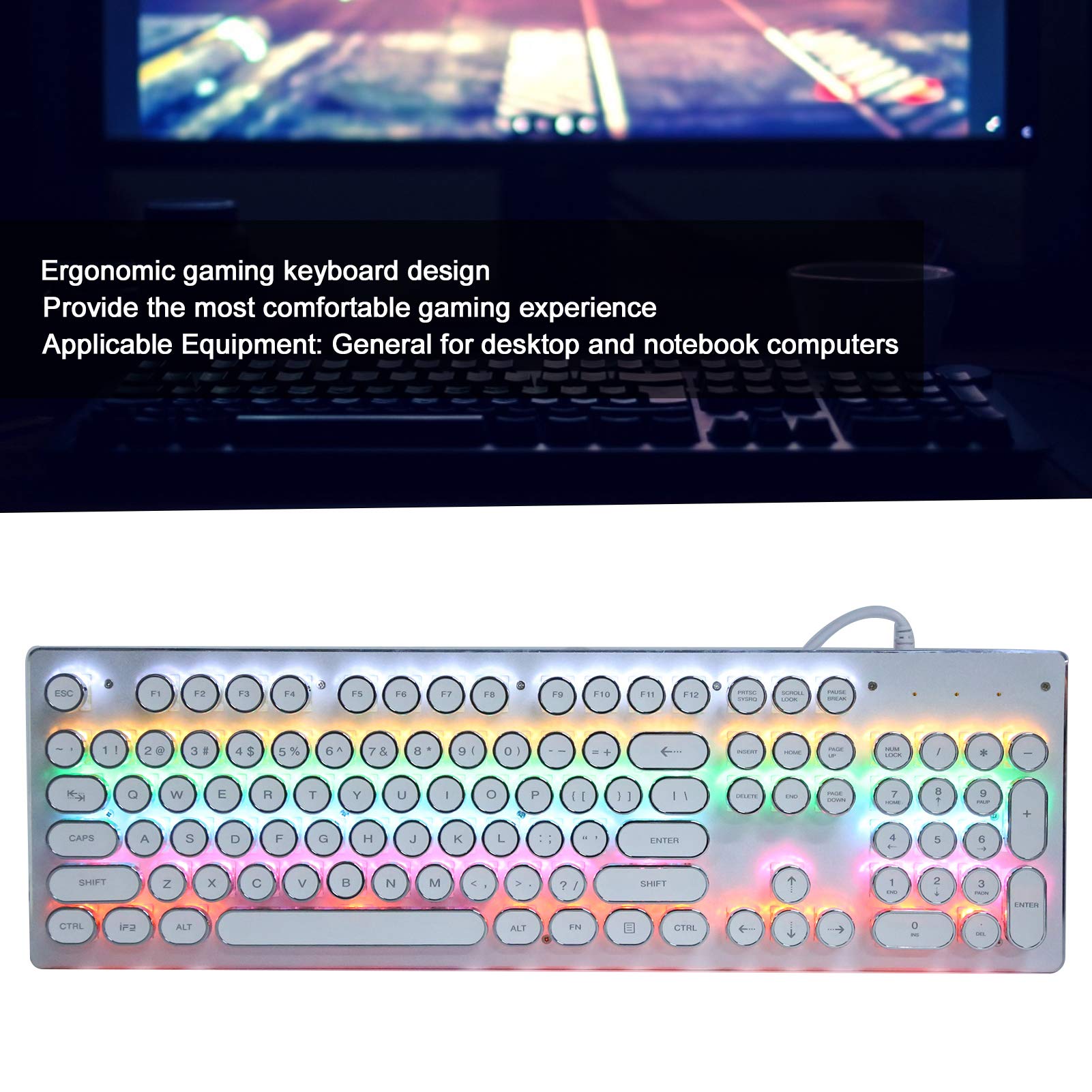 Generic Retro Przewodowa Klawiatura do Gier z Klawiszem i Mieszanym światłem 104 Klawisze Ergonomiczna Konstrukcja dla Graczy, Wodoodporna i Pyłoszczelna, Uniwersalna do Komputerów (WHITE)