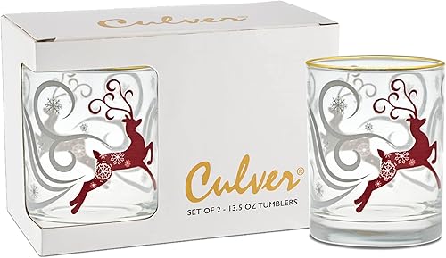 Culver Copas dobles antiguas con borde dorado de 22 quilates, diseño de renos navideños DOF, 13.5 onzas, caja de regalo, juego de 2