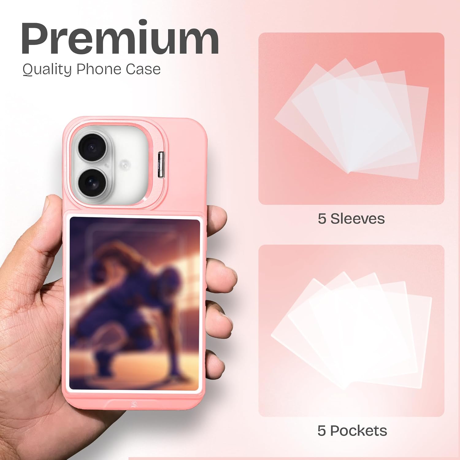 Display Phone Case for iPhone 16 – Clear Back Card Holder Case with Built-in Kickstand, Includes 5 Protective Card Sleeves, Slim Drop Protection (Pink)