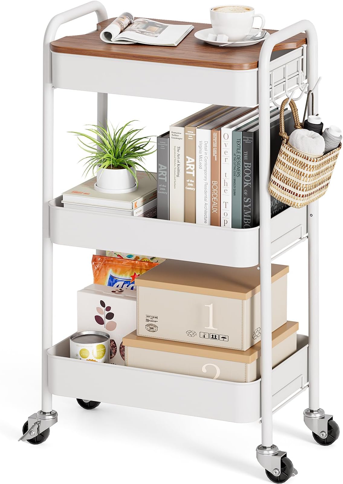 3-Tier Rolling Cart with Table Top, Metal Storage Cart on Wheels, Utility Organizer with Wooden Tray, Lockable Casters, Easy Assembly for Bathroom, Living Room, Office, Kitchen, White