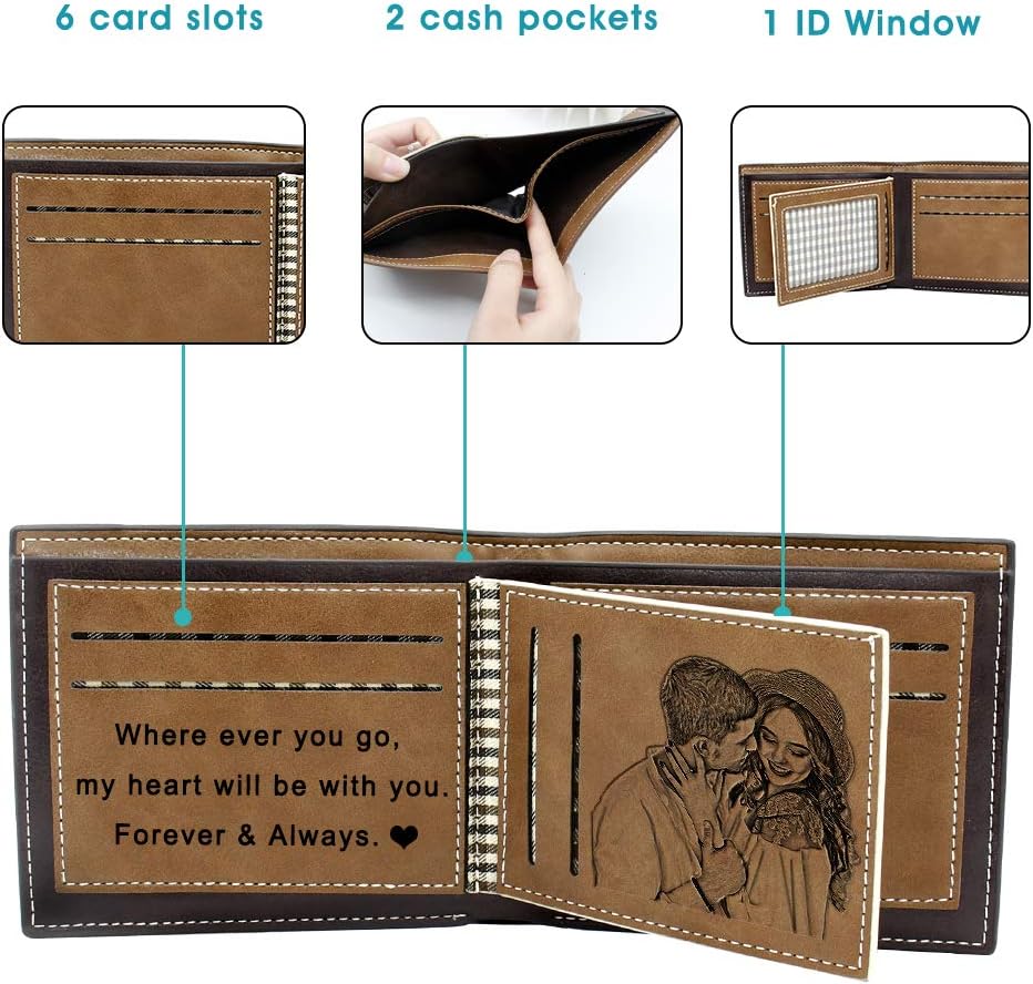 Amlion Personalized Custom Wallets, Engraved Leather Photo Wallet for Men Dad Husband Brown - Image 5
