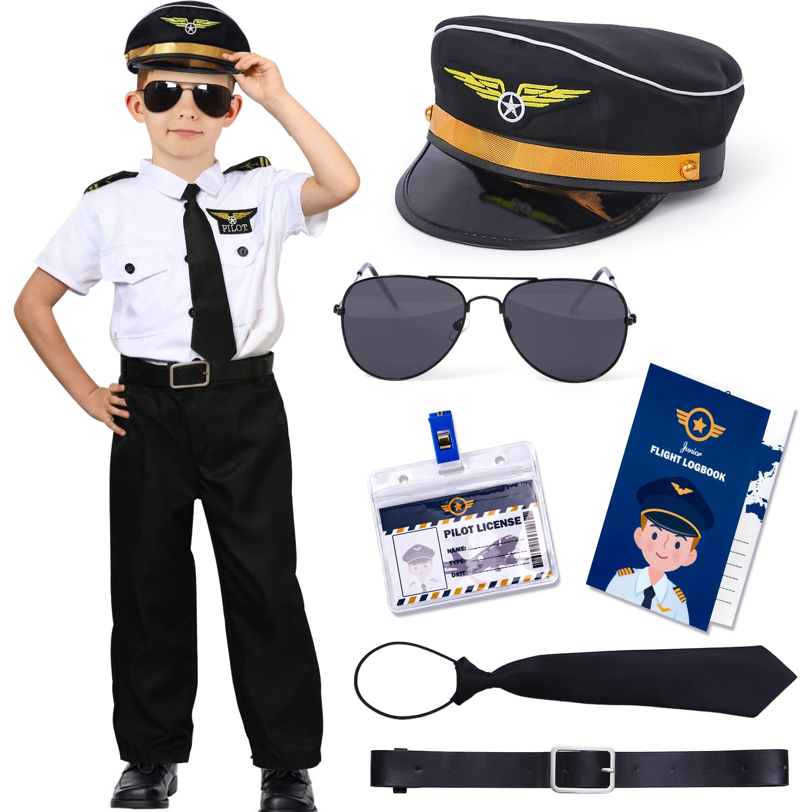 TacobearTacobear Pilot Costume for Kids Boy Airline Uniform Sunglasses Pilot Hat Accessories Halloween Captain America Costume