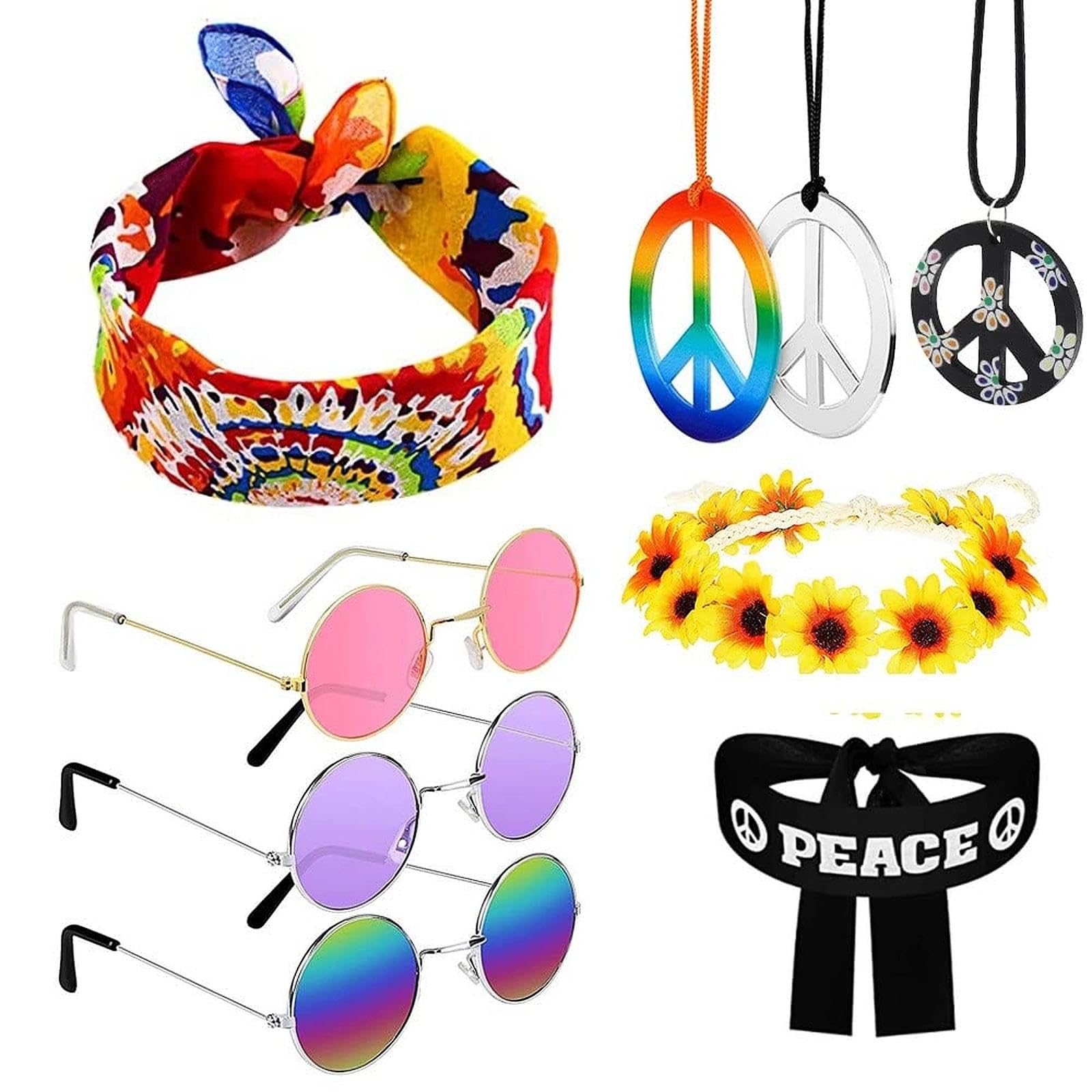 Conjunto de Traje Hippie Retro Hip-pie Accesorios Hombres Mujeres Gafas de Sol Redondas Collar el Signo de la Paz Collar de Girasol y Diadema Hippie Colorida para Años 70 y 80