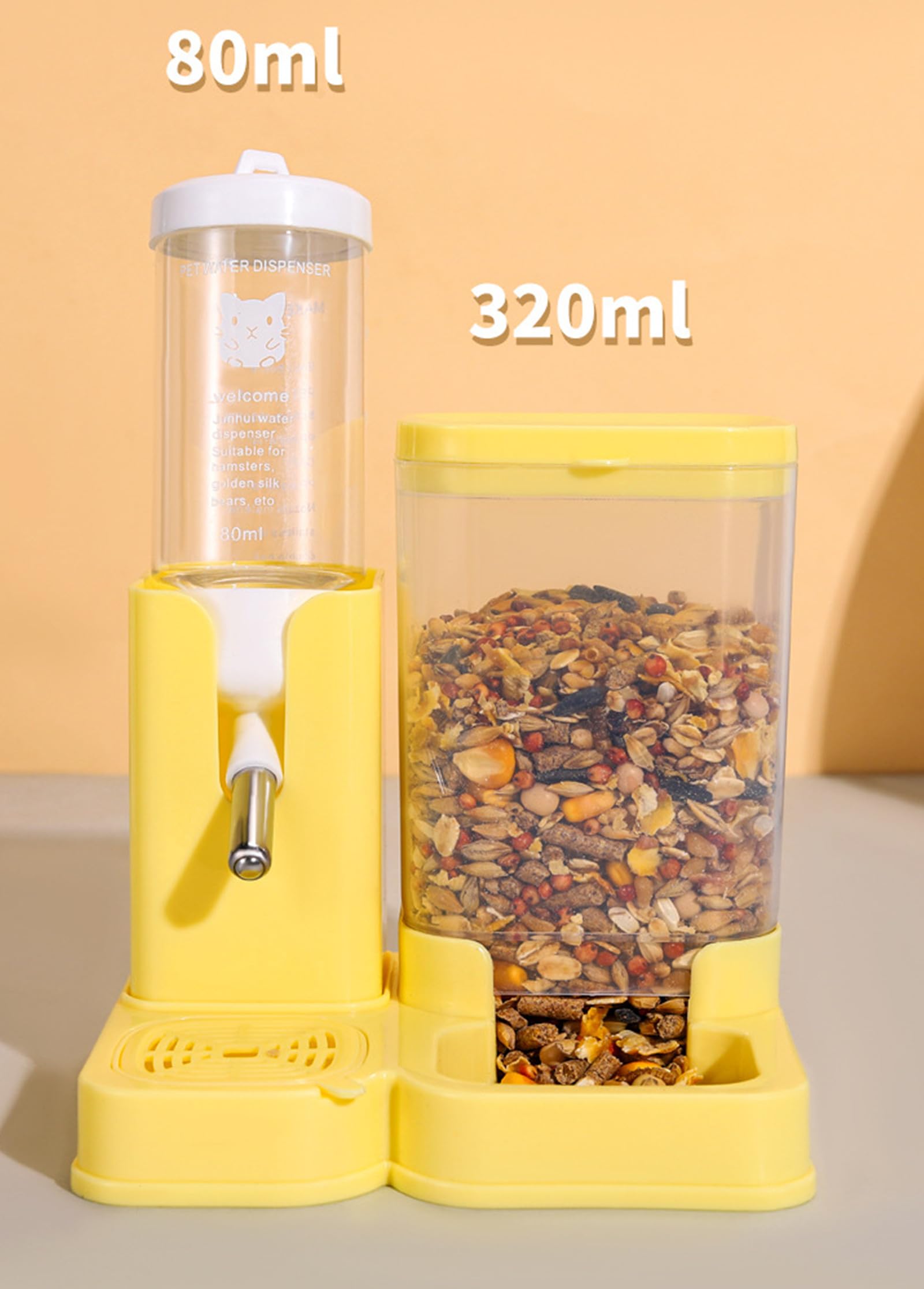 Gourde étanche pour hamster et distributeur automatique de nourriture, distributeur de nourriture transparent avec buse en acier inoxydable, facile à nettoyer (jaune)